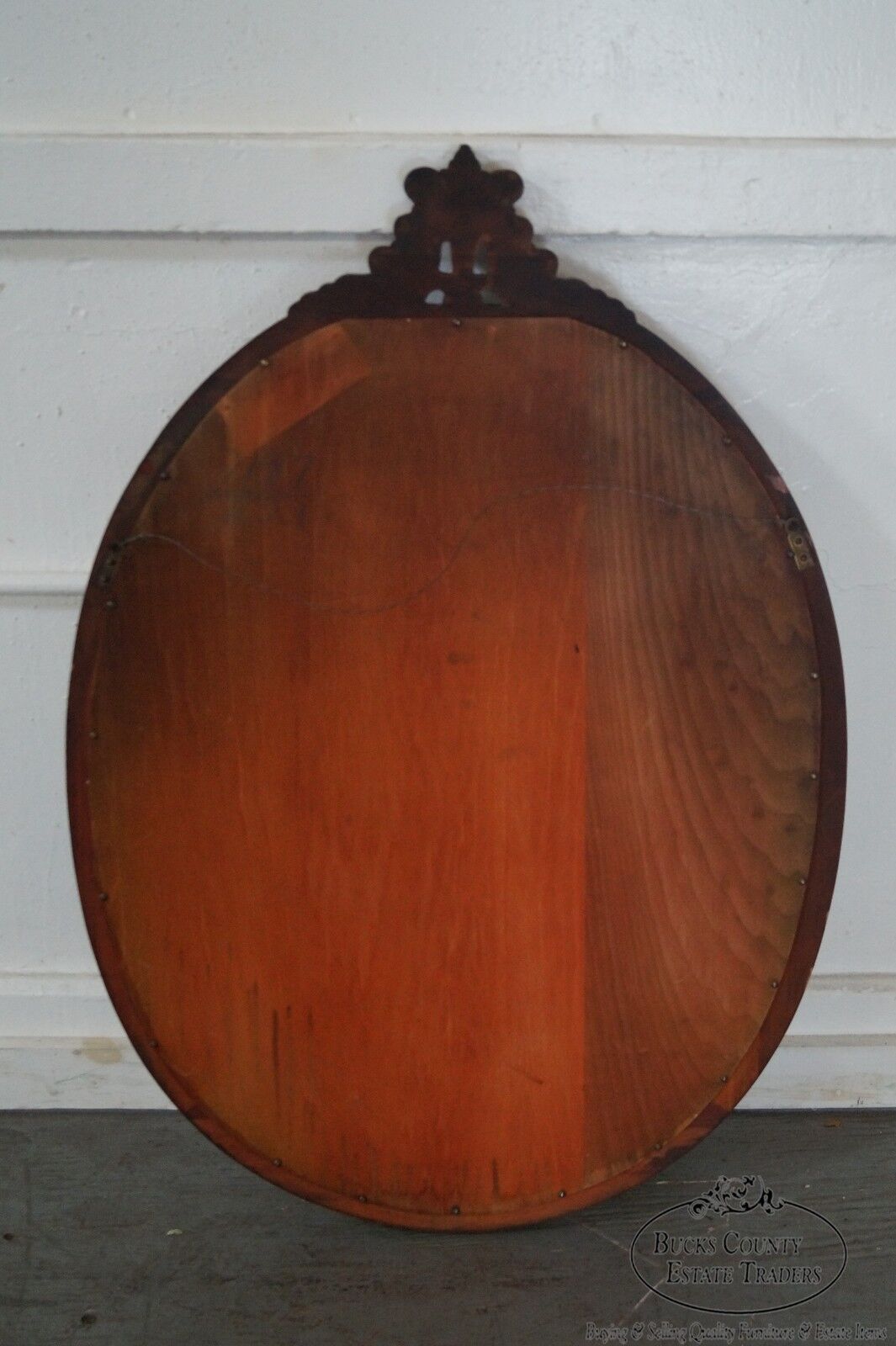 Carved Mahogany & Tooled Leather Oval Wall Mirror circa 1950s