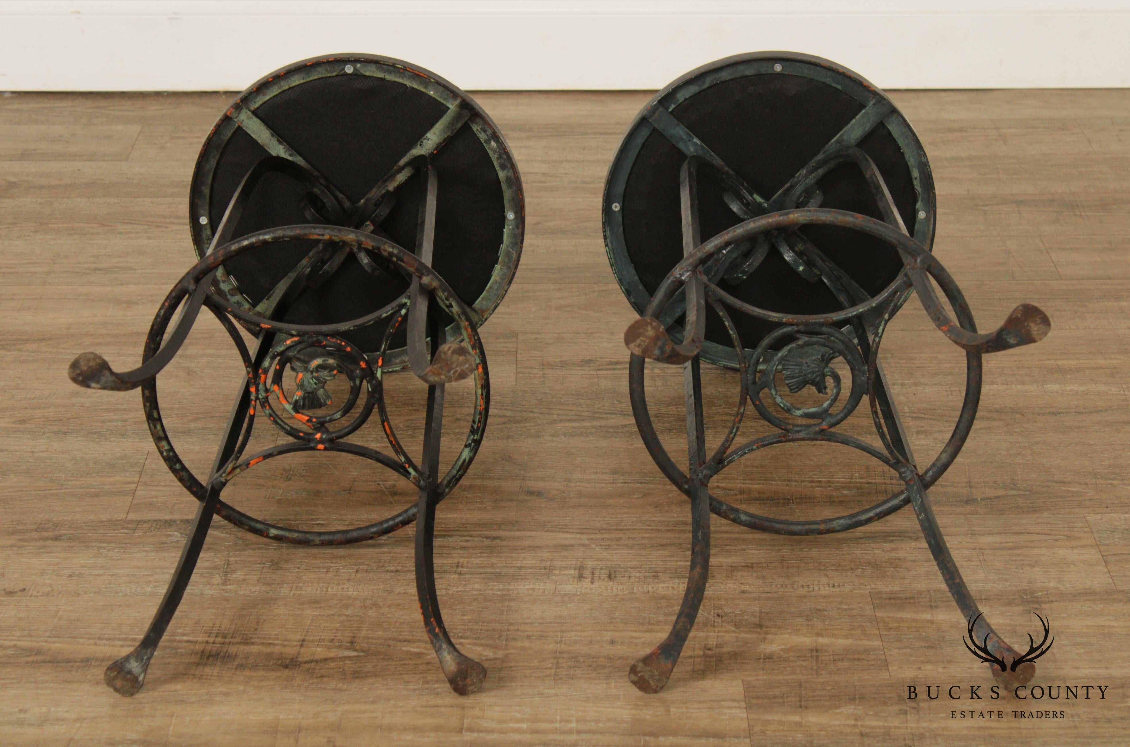 Custom Pair of Vintage Wrought Iron and Vinyl Patio Bar Stools