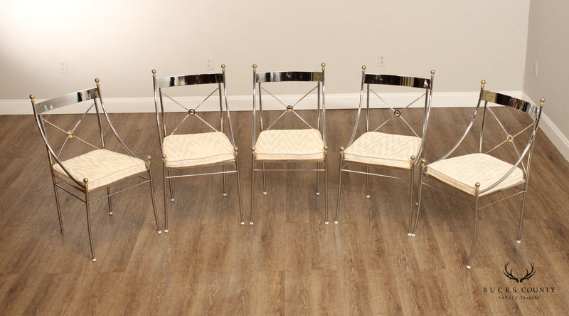 Directoire Style Vintage Chromed Steel And Brass X Back Set Of Five Dining Chairs