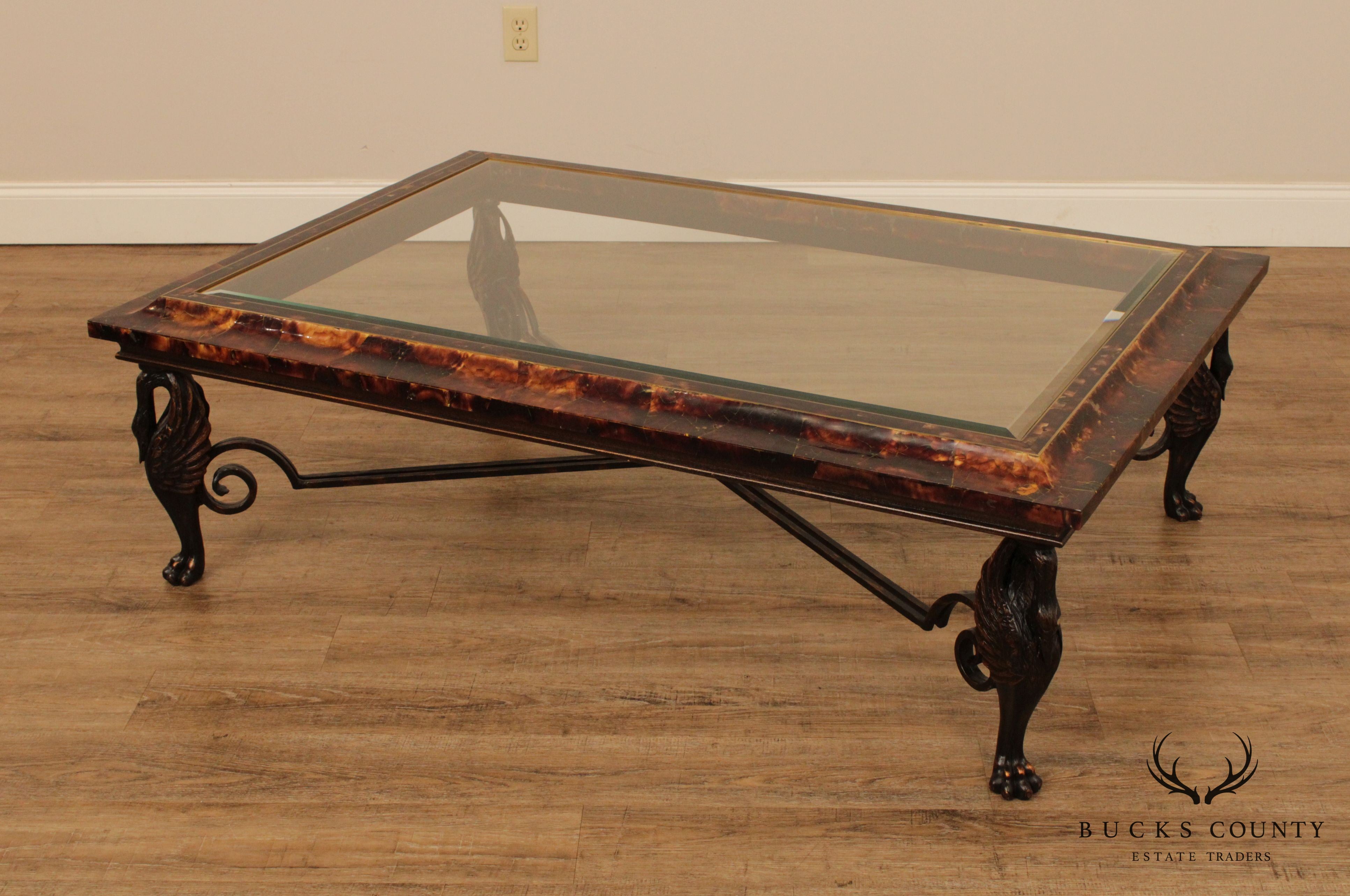 Maitland Smith Large Glass Top Faux Tortoise Shell Coffee Table w/ Swan Legs