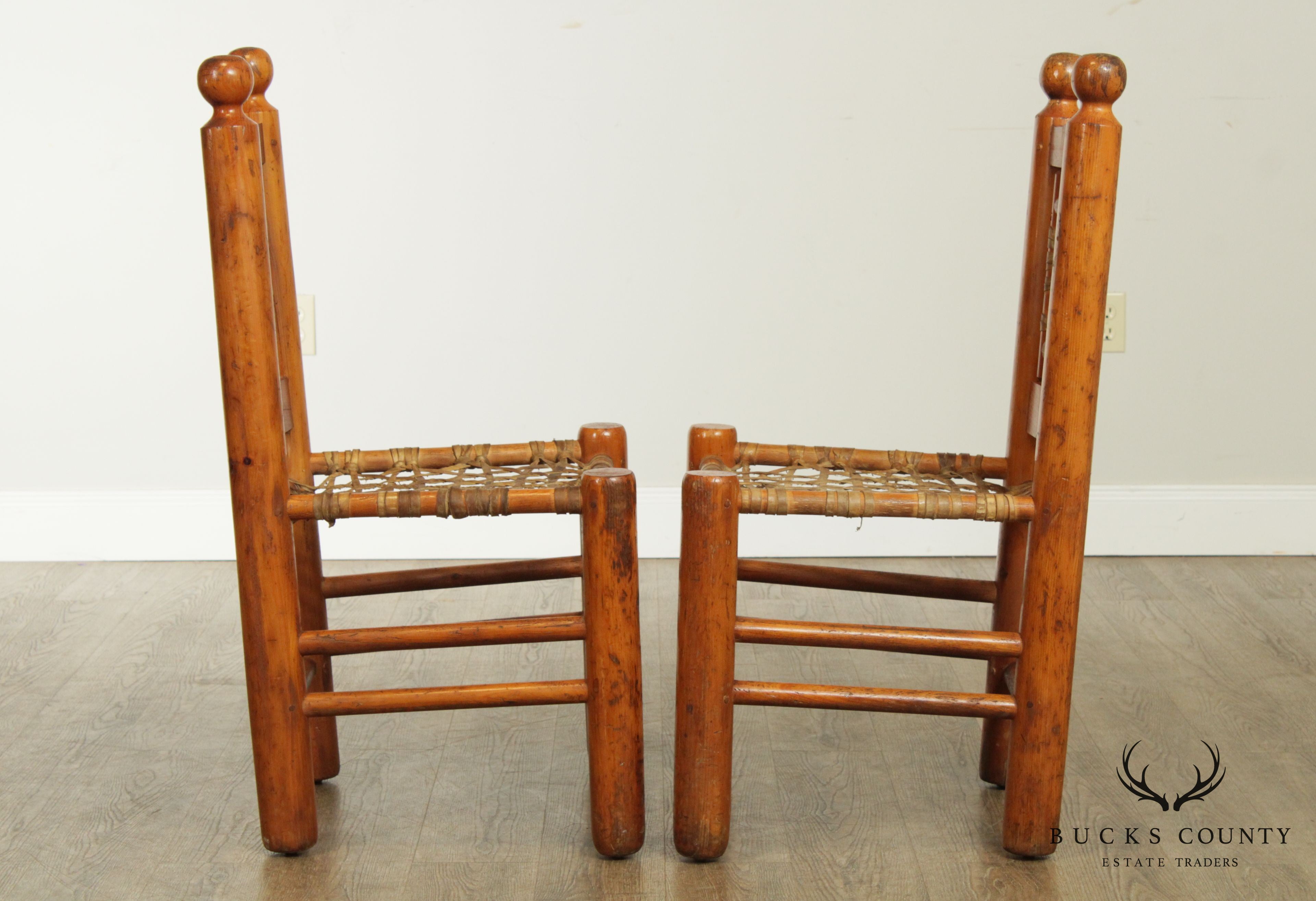 Vintage Pair Pine Rawhide Lace Side Chairs