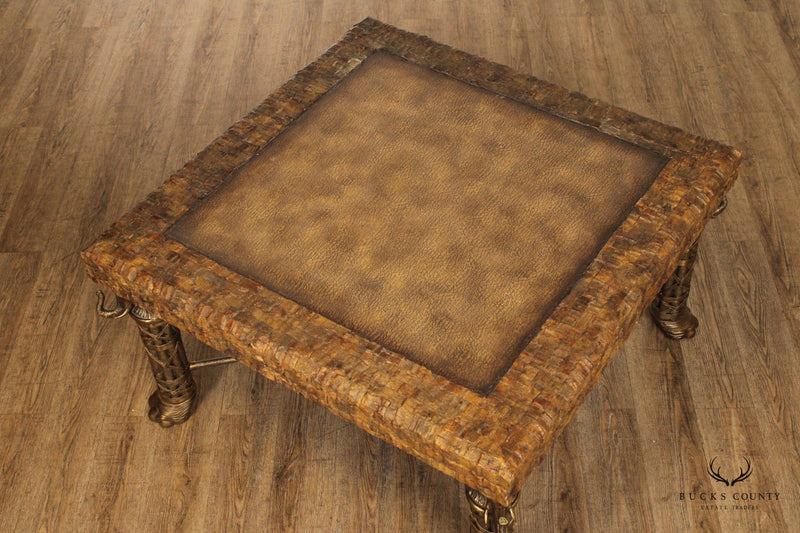 Maitland Smith Unusual Brass Elephant Base Square Leather Top CoffeeTable