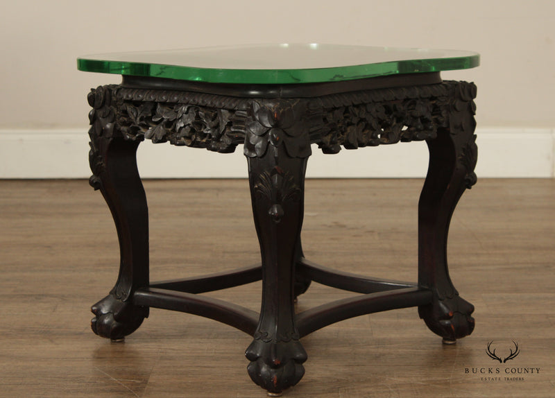Antique Asian Ornate Carved Tabouret Side Table with Glass Top