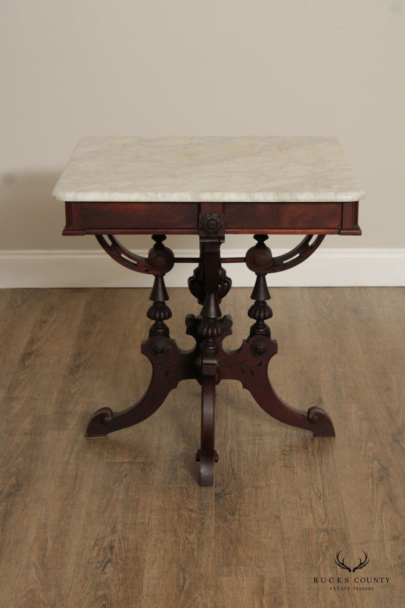 Victorian Eastlake Antique Marble Top Walnut Parlor Table