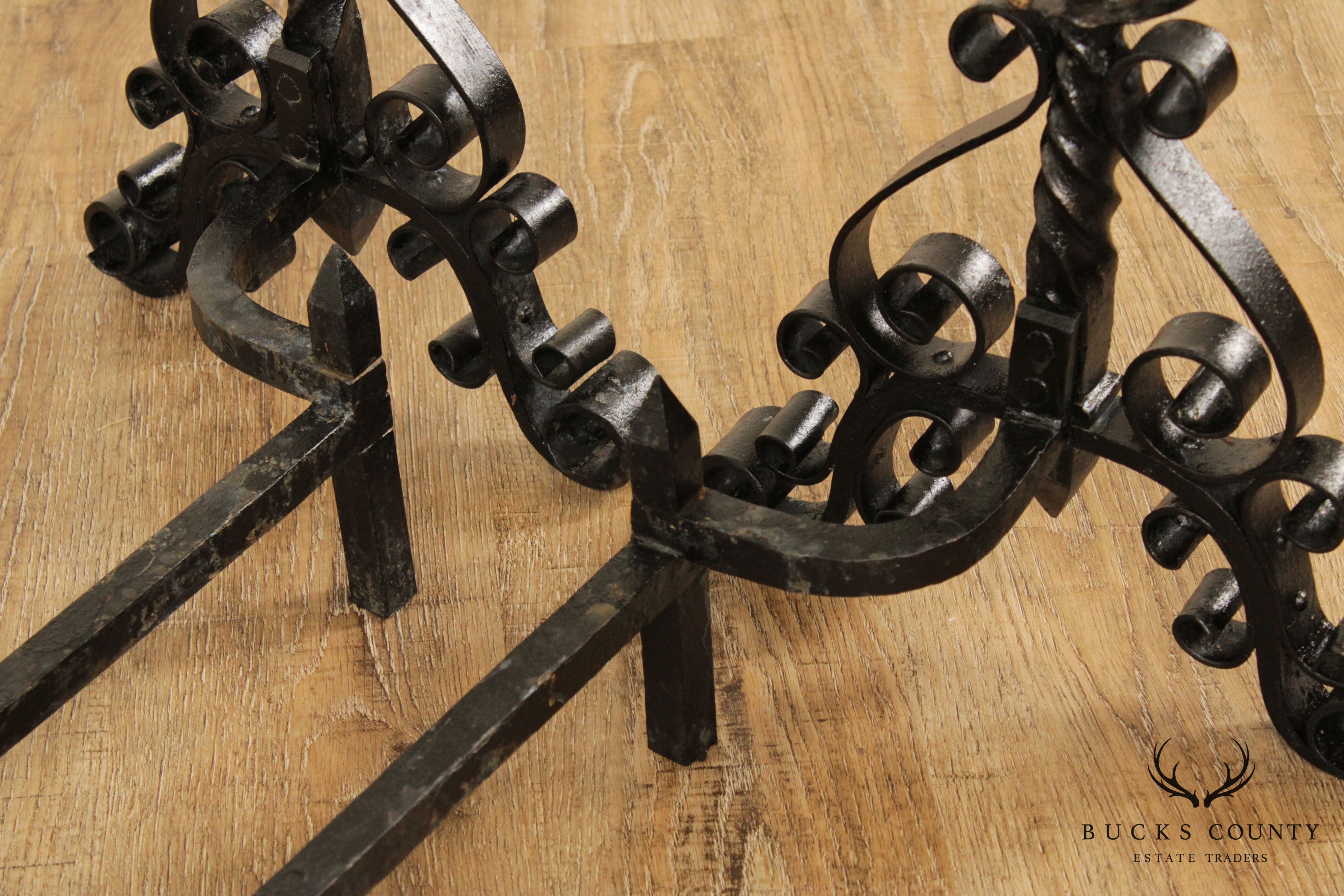 Quality Vintage Pair Wrought Iron Andirons