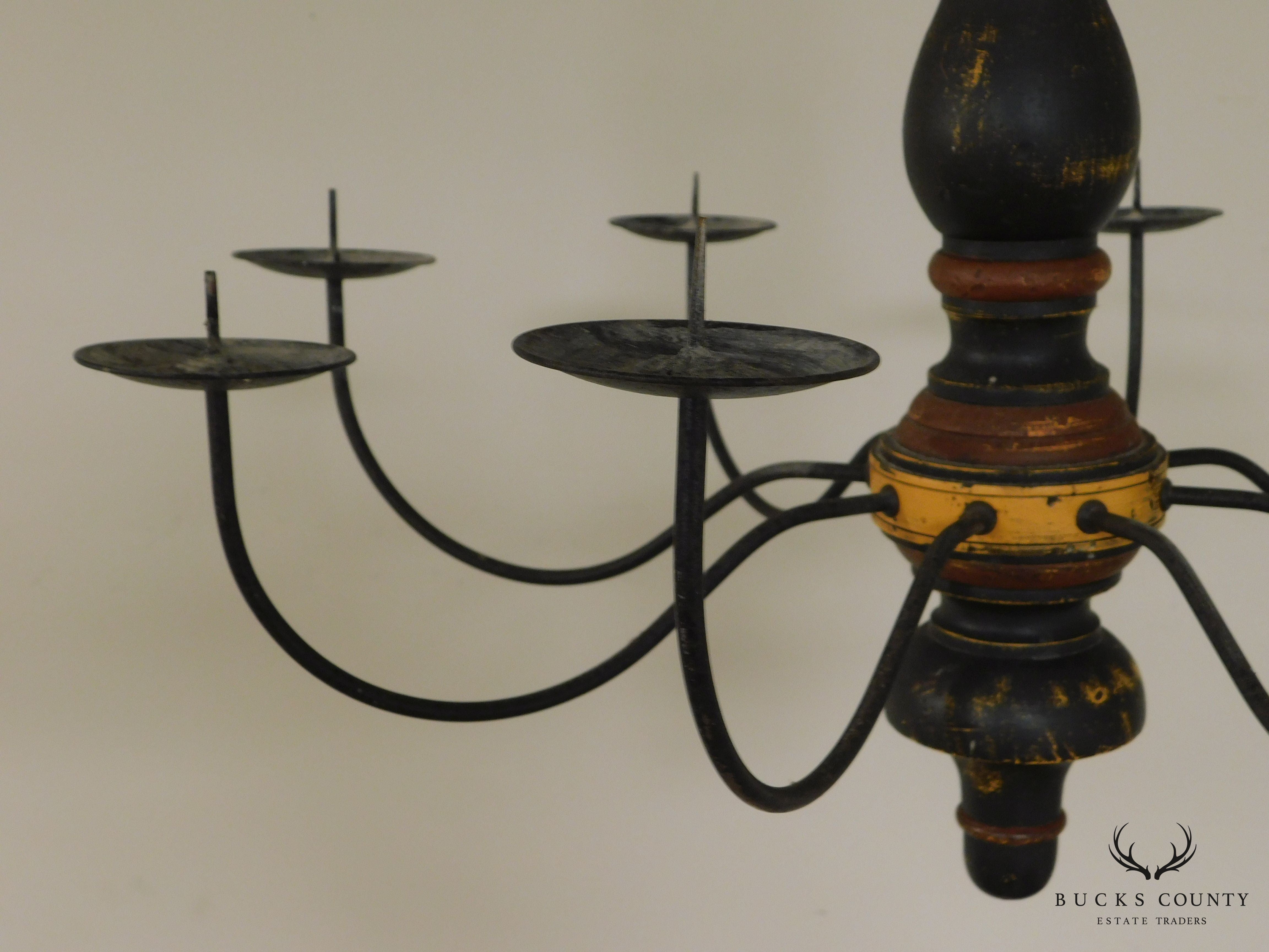 Custom Quality Folk Art 8 Light Turned Wood & Iron Chandelier