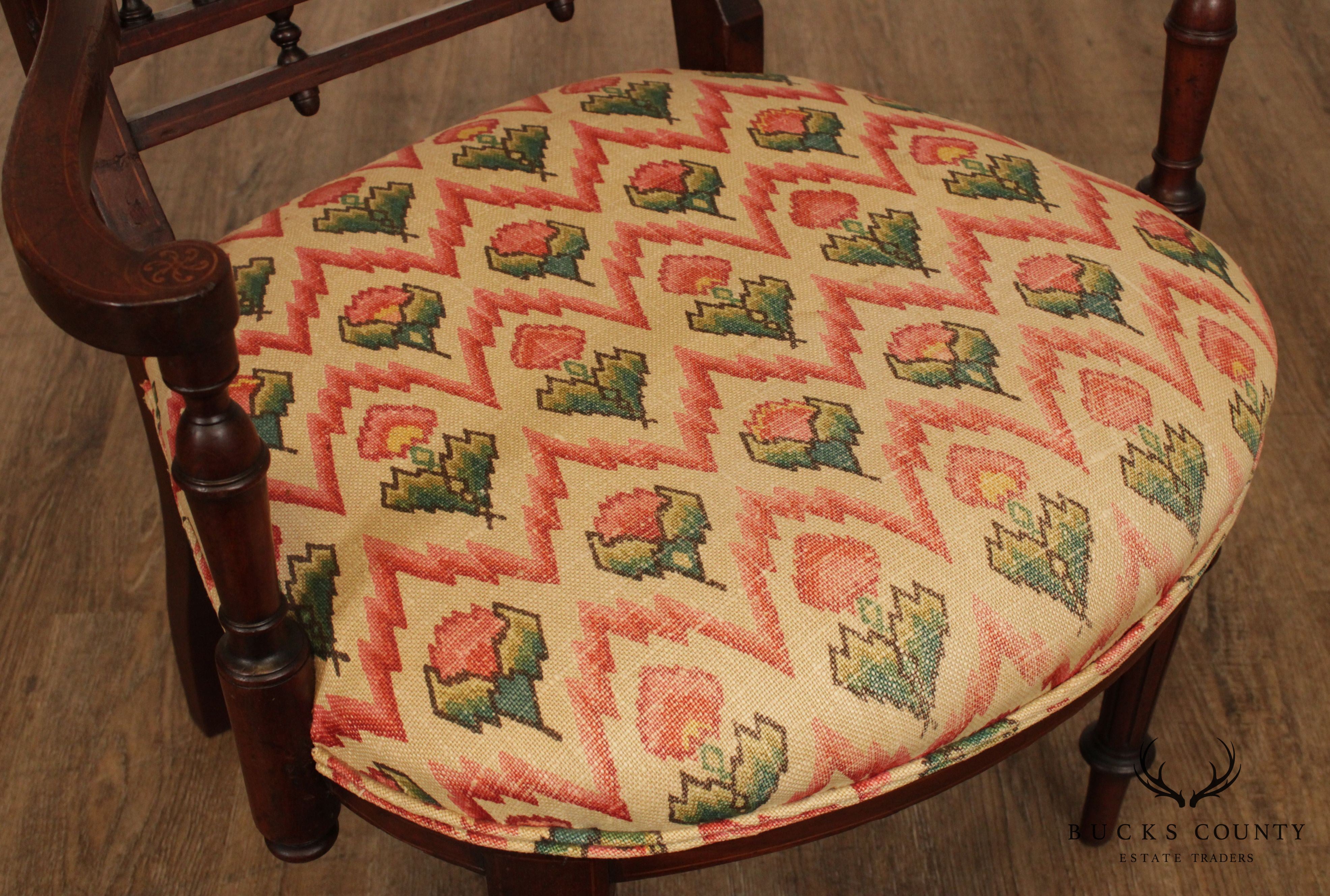 Antique Eglantine Marquetry Inlaid Pair Walnut Armchairs