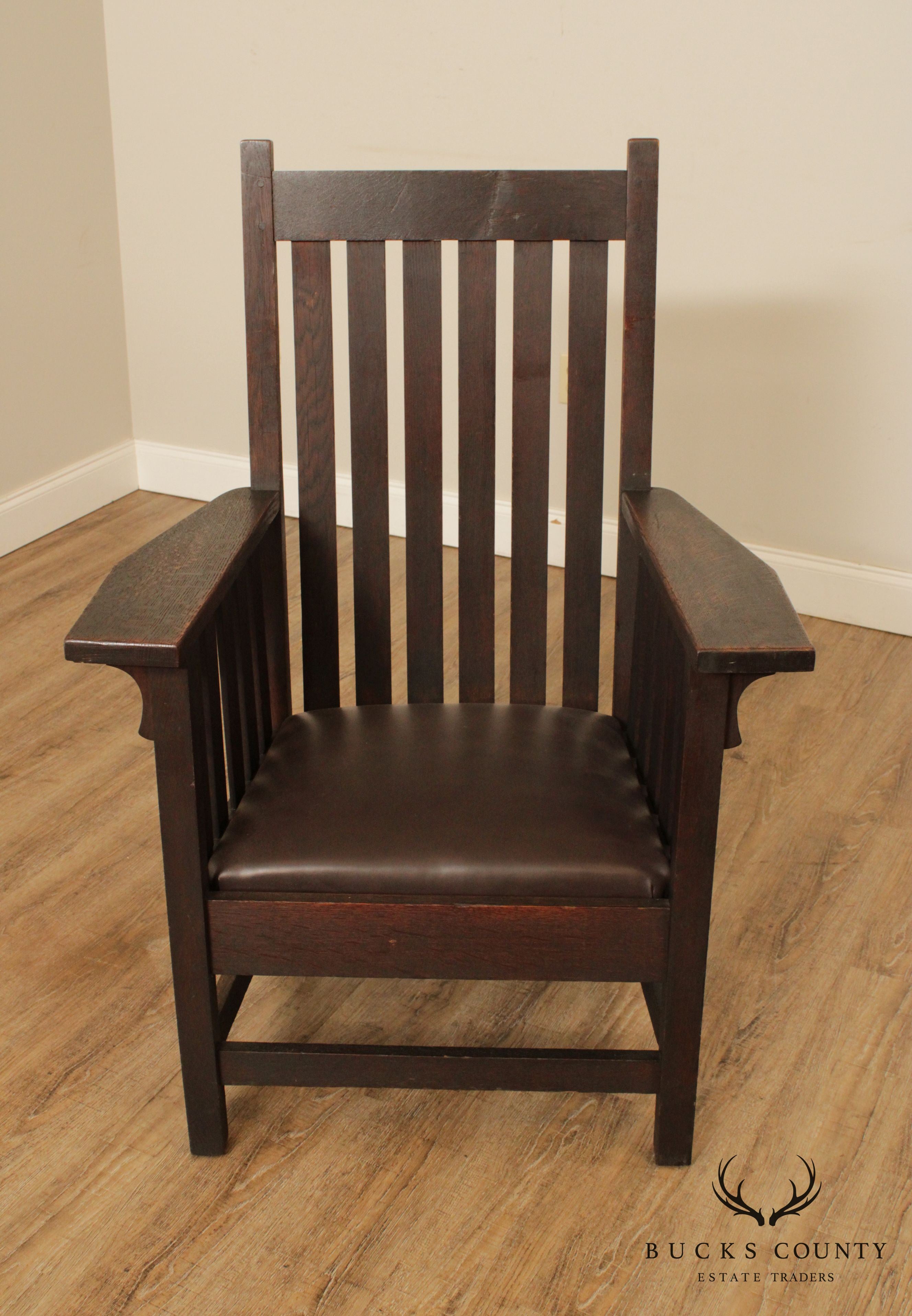 Antique Mission Oak & Leather High Back Armchair