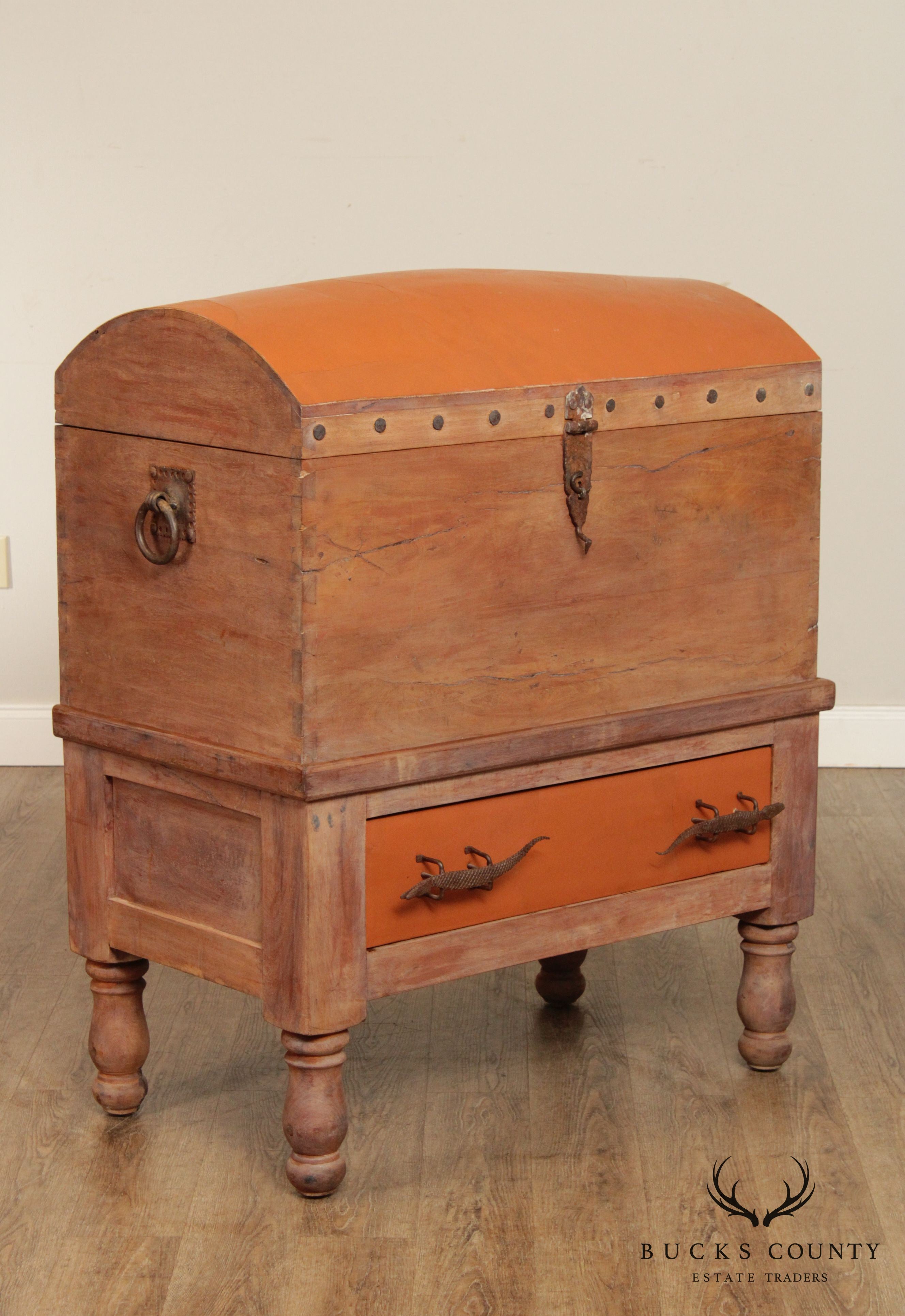 Antique 19th C. Leather Wrapped Hardwood Chest with Iron Crocodile Hardware