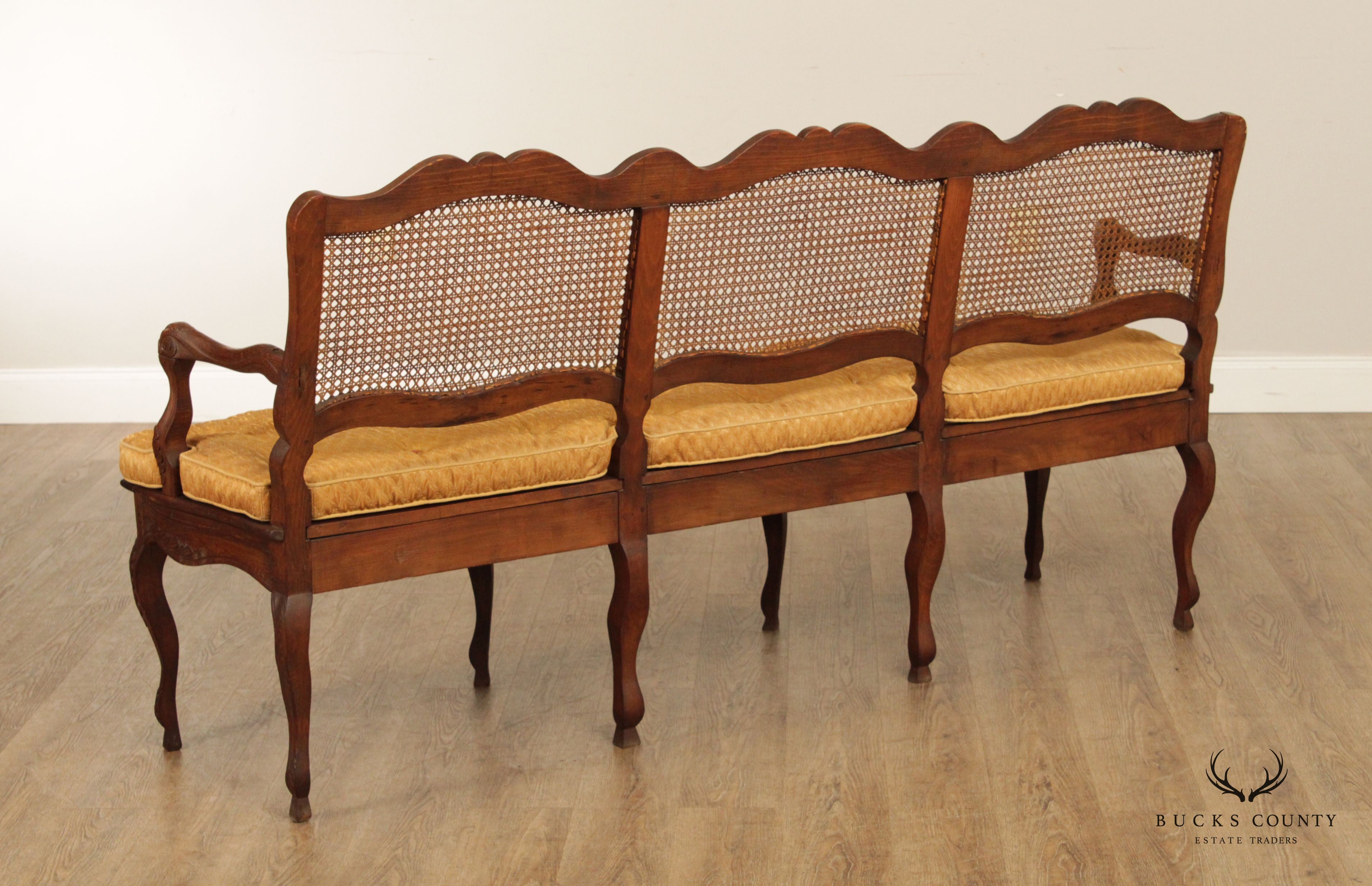 French Louis XV Style Antique Carved and Caned Three-Seat Settee Bench