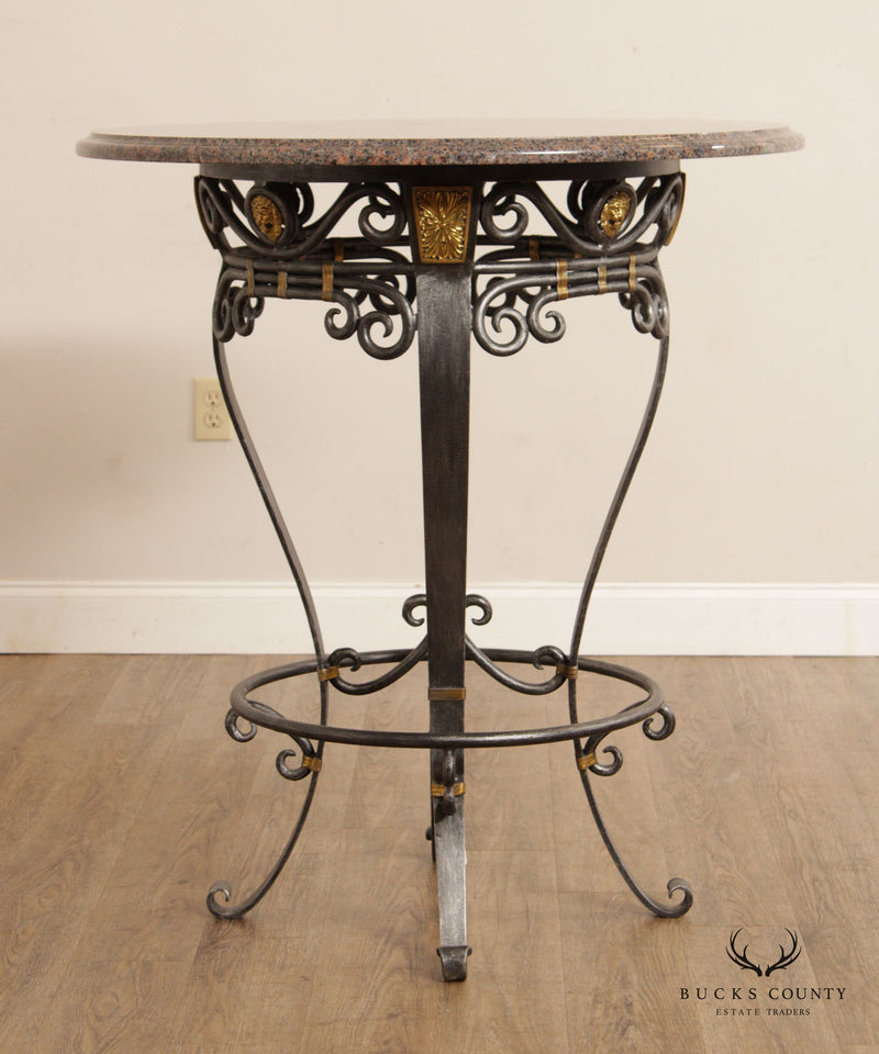 Labarge Neoclassical Style Wrought Iron Stone Top Round Pub Table