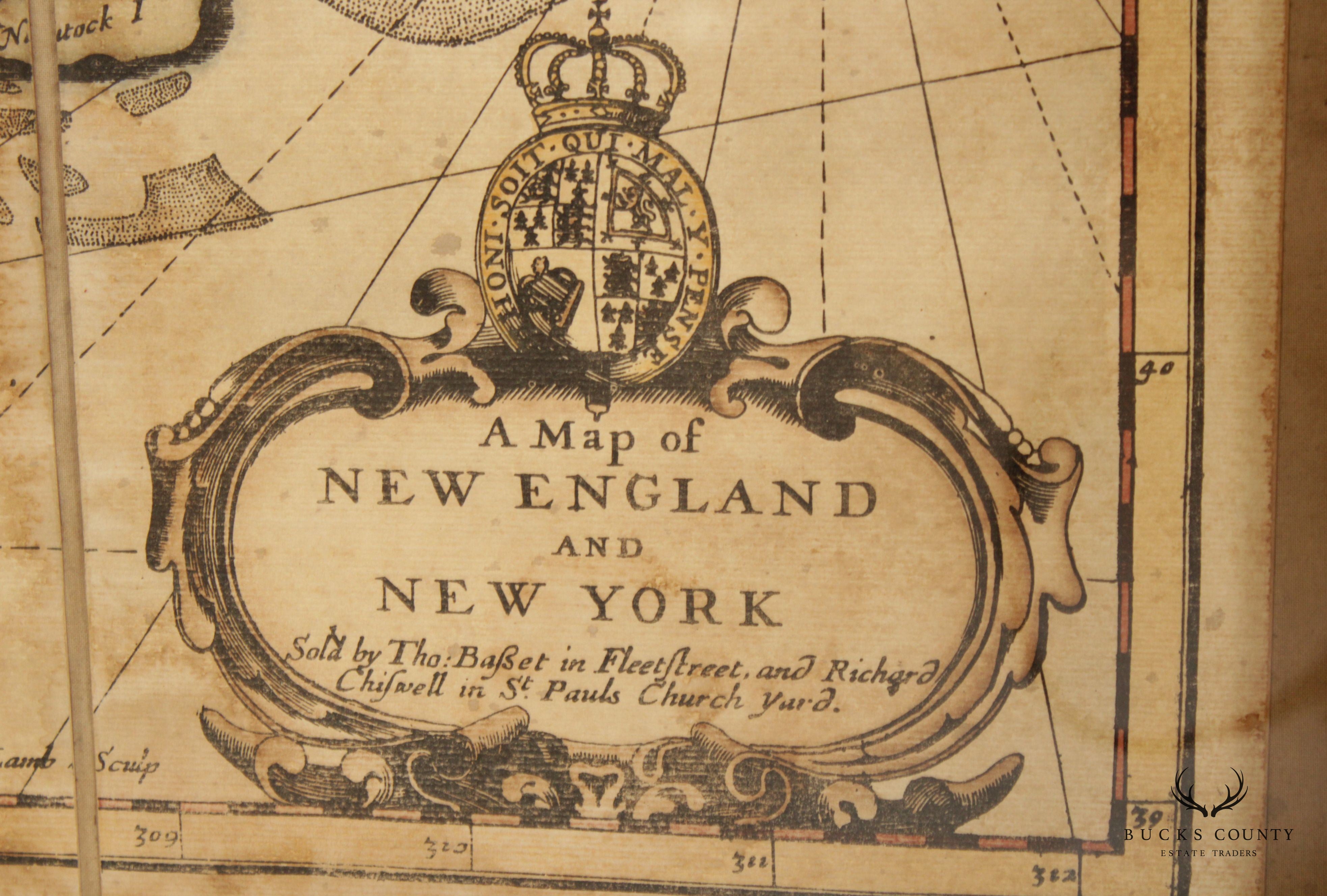 Vintage Reproduction 17th C. Map of New England and New York, Custom Framed