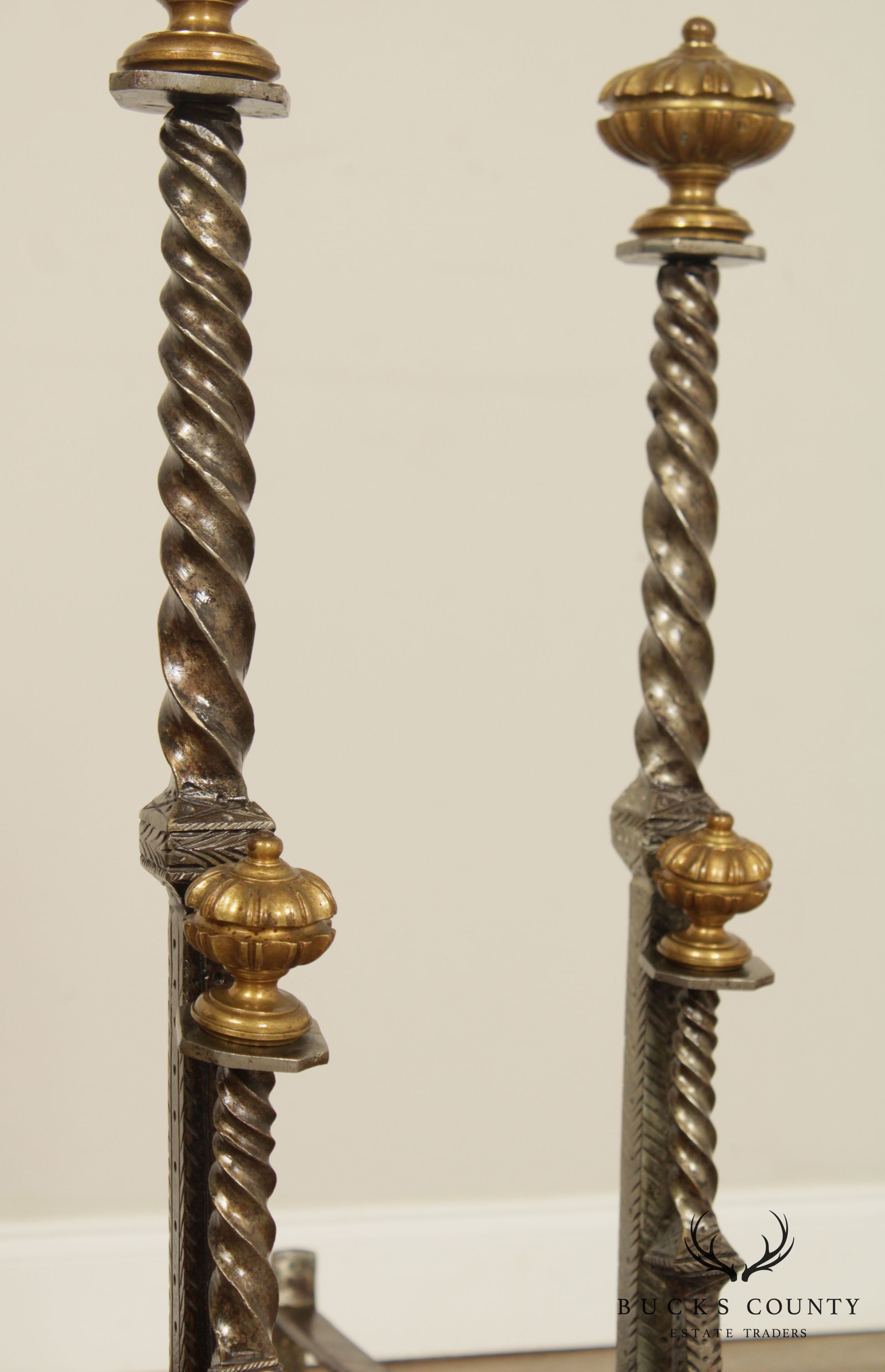 Antique Aesthetic Movement Pair of Tall Brass & Iron Andirons