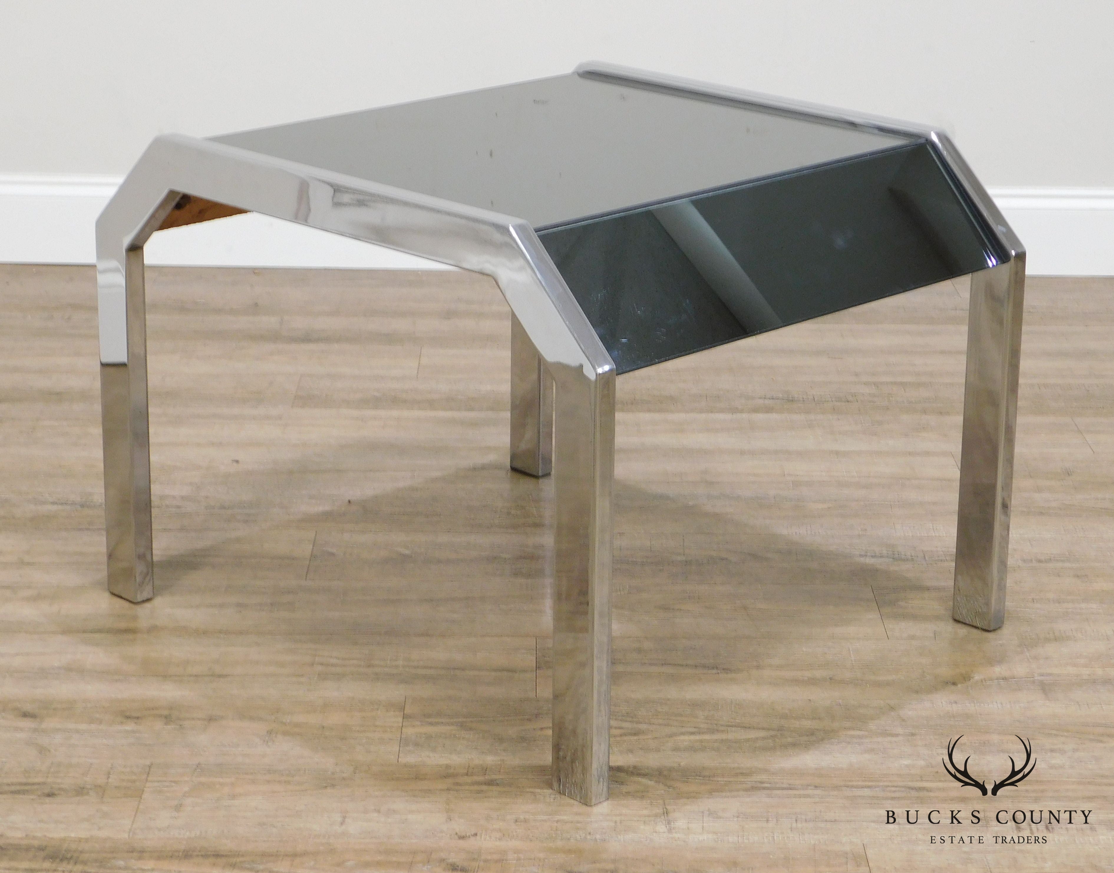 Mid Century Modern Chrome & Smoked Mirror Pair Side Tables