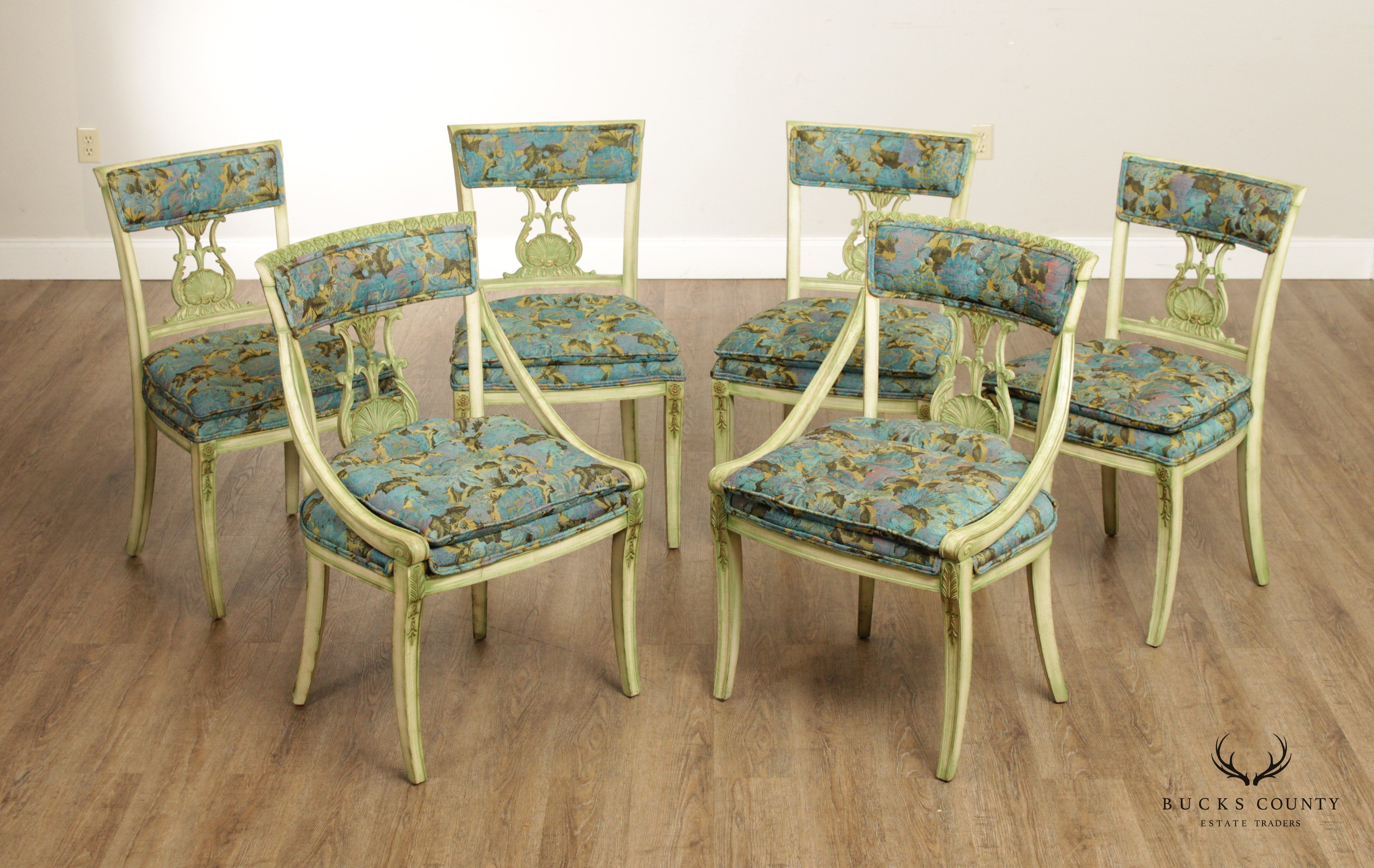 Neoclassical Empire Style Set Six Painted Dining Chairs