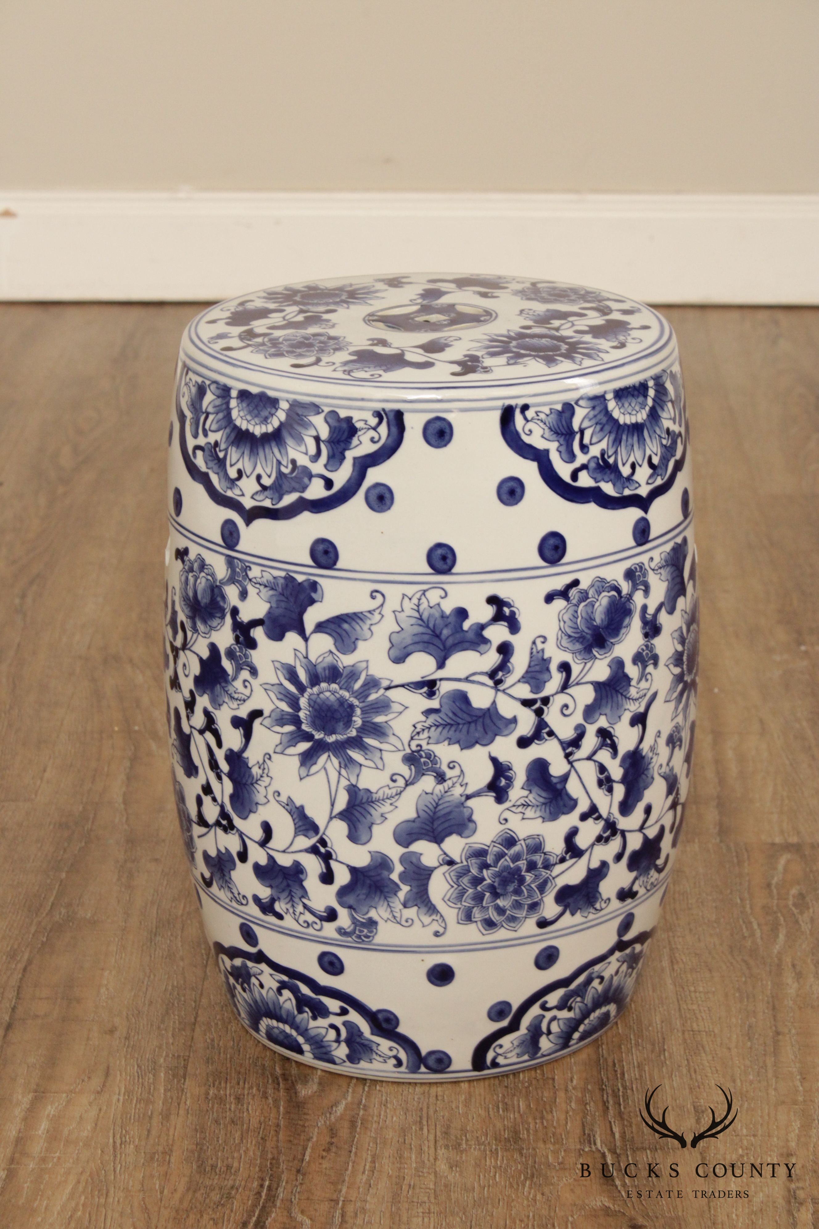 Vintage Asian Inspired Blue and White Porcelain Garden Stool