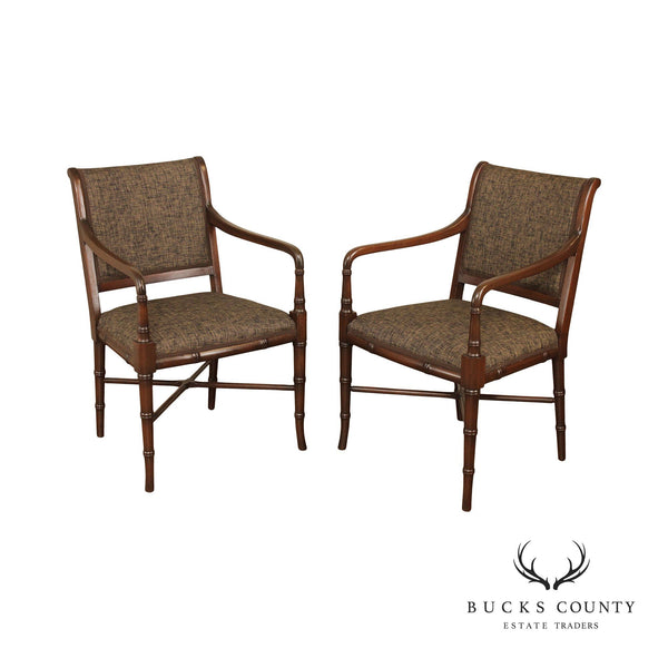 Regency Style Pair Faux Bamboo Mahogany Arm Chairs