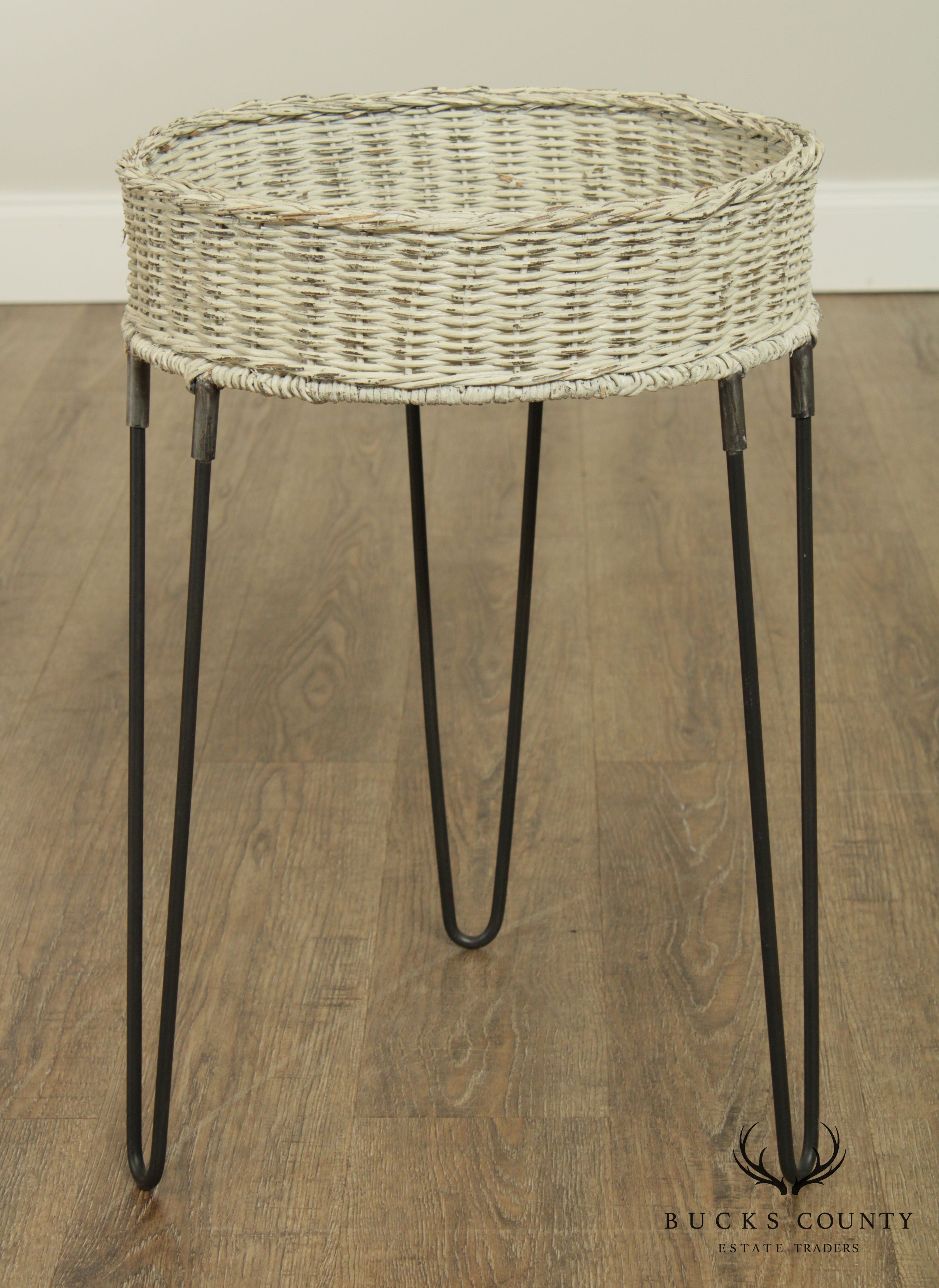 Round Wicker Planter Table With Hairpin Legs