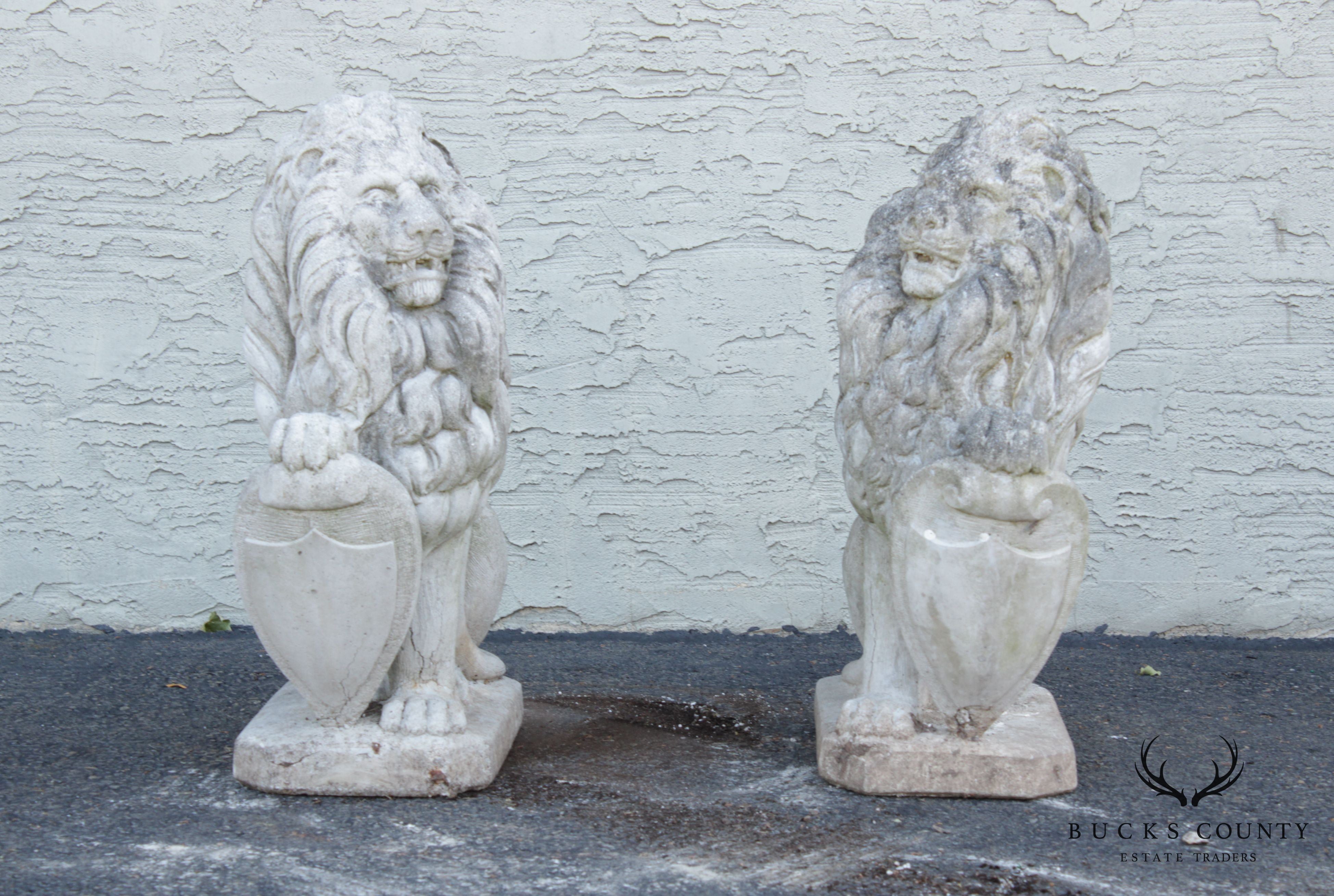 Vintage Pair Cast Stone Garden Lion Statues