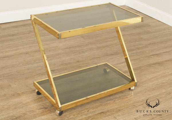Modernist Brass and Smoked Glass Z-Form Two Tier Bar Cart