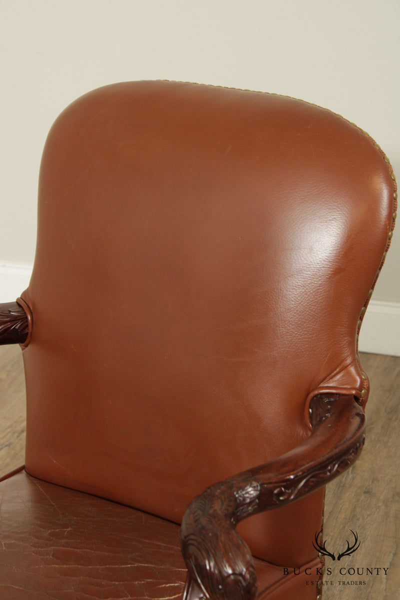 Georgian Chippendale Style Mahogany Eagle Carved Leather Armchair
