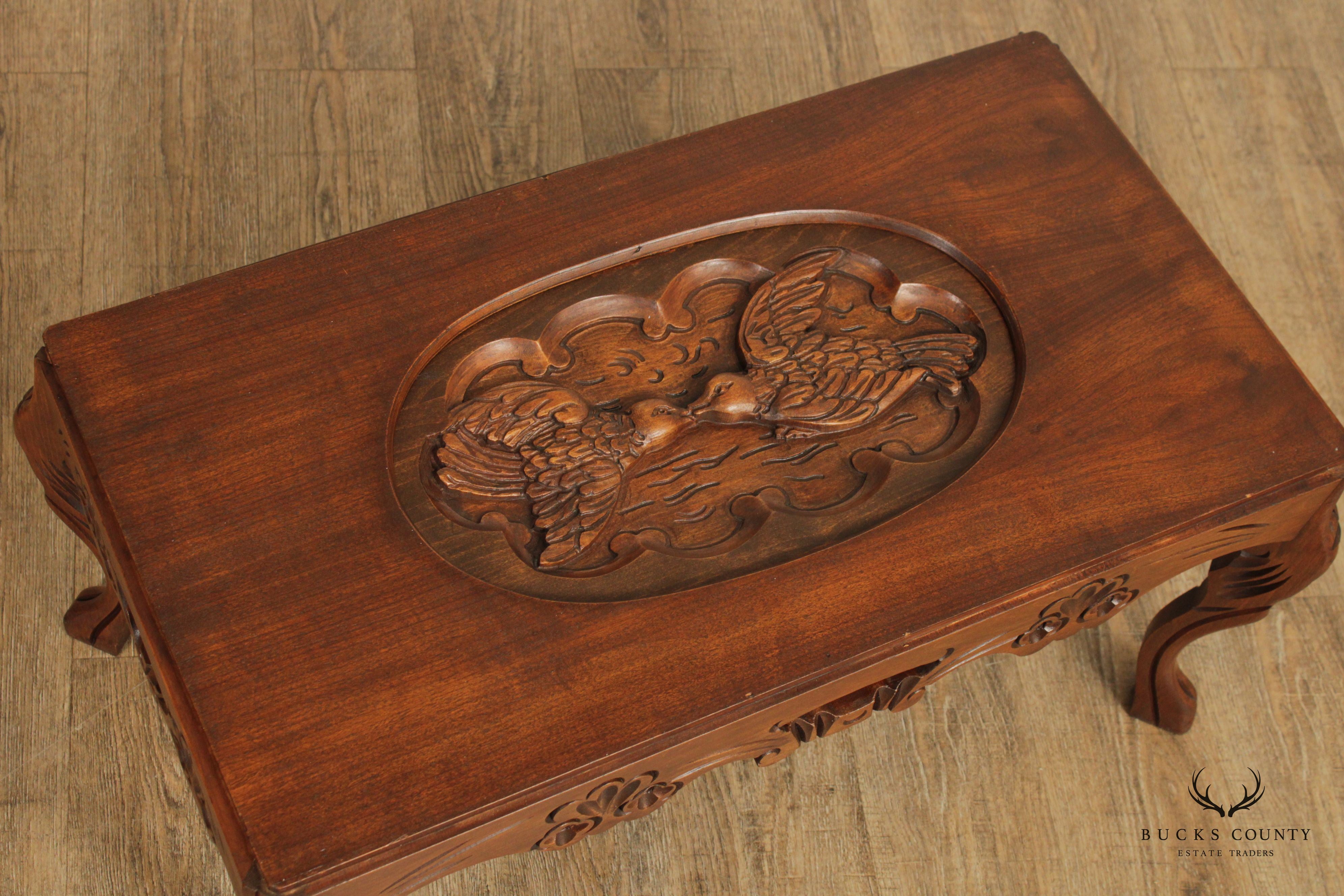 French Style Vintage Glass Top Carved Walnut Coffee Tray Table