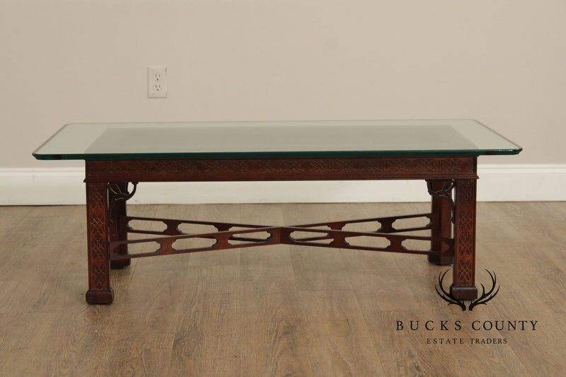 Thomasville Chinese Chippendale Style Mahogany Glass Top Coffee Table
