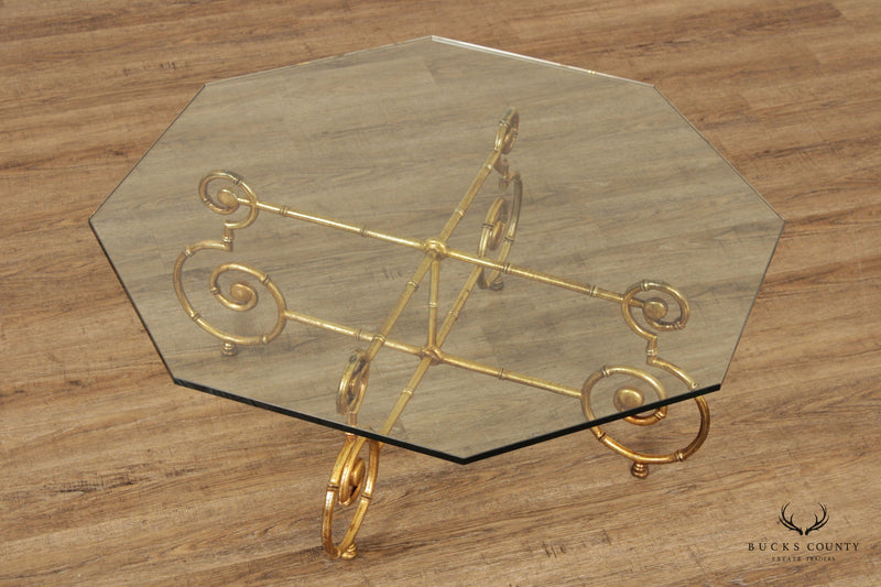Hollywood Regency Faux Bamboo Gilt Metal Glass Top Coffee Table