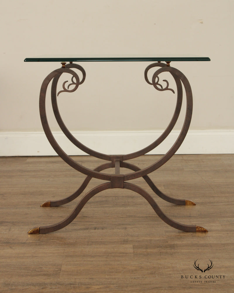Neoclassical Style Wrought Iron Glass Top Side Table