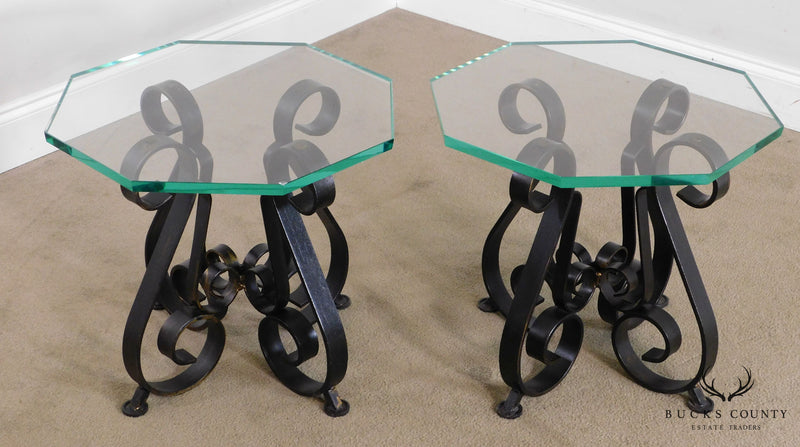 Quality Mid Century Pair Scrolled Wrought Iron Octagon Glass Top Side Tables