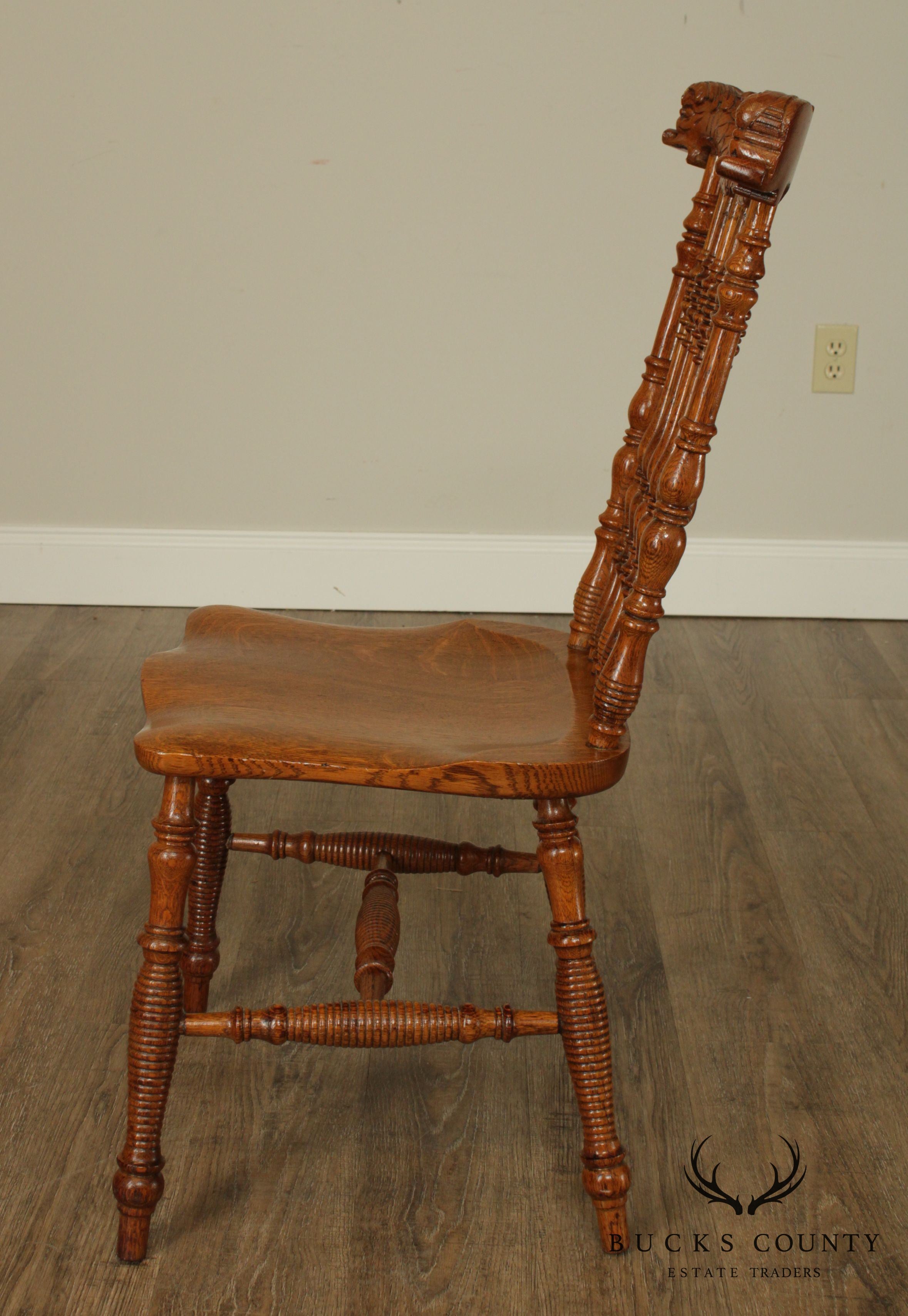 Antique Victorian Oak Turned Spindle Side Chair With Curved Dolphins