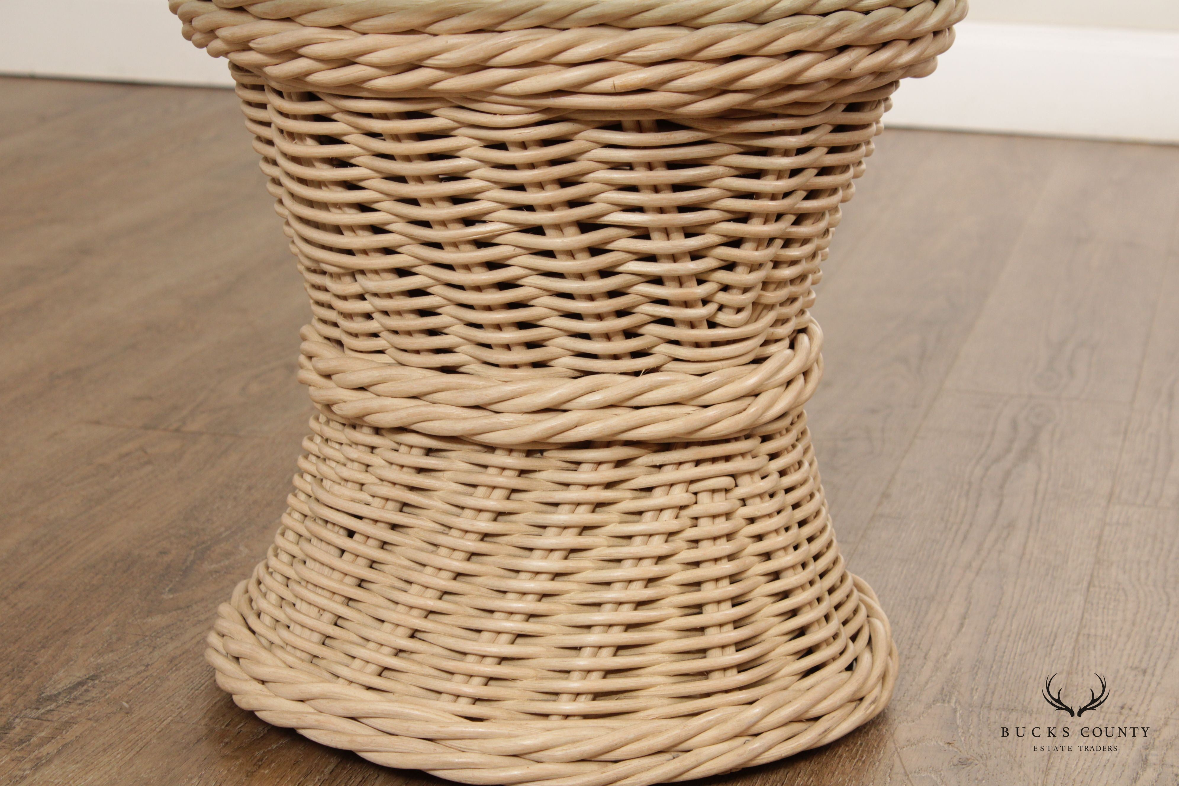 Quality Vintage Round Wicker Rattan Glass Top Side Table