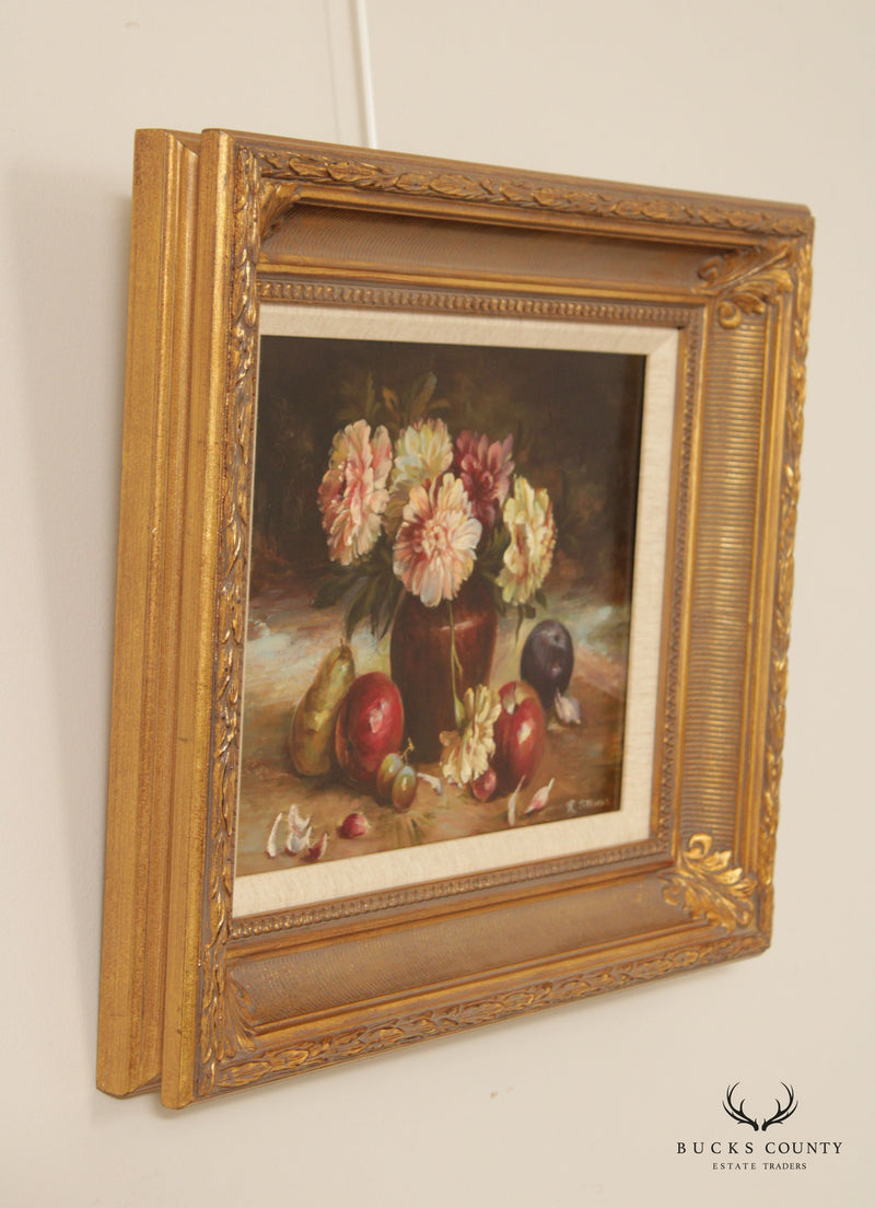 20th C. Flowers and Fruit Still Life Original Oil Painting, Signed 'R. Stevens'