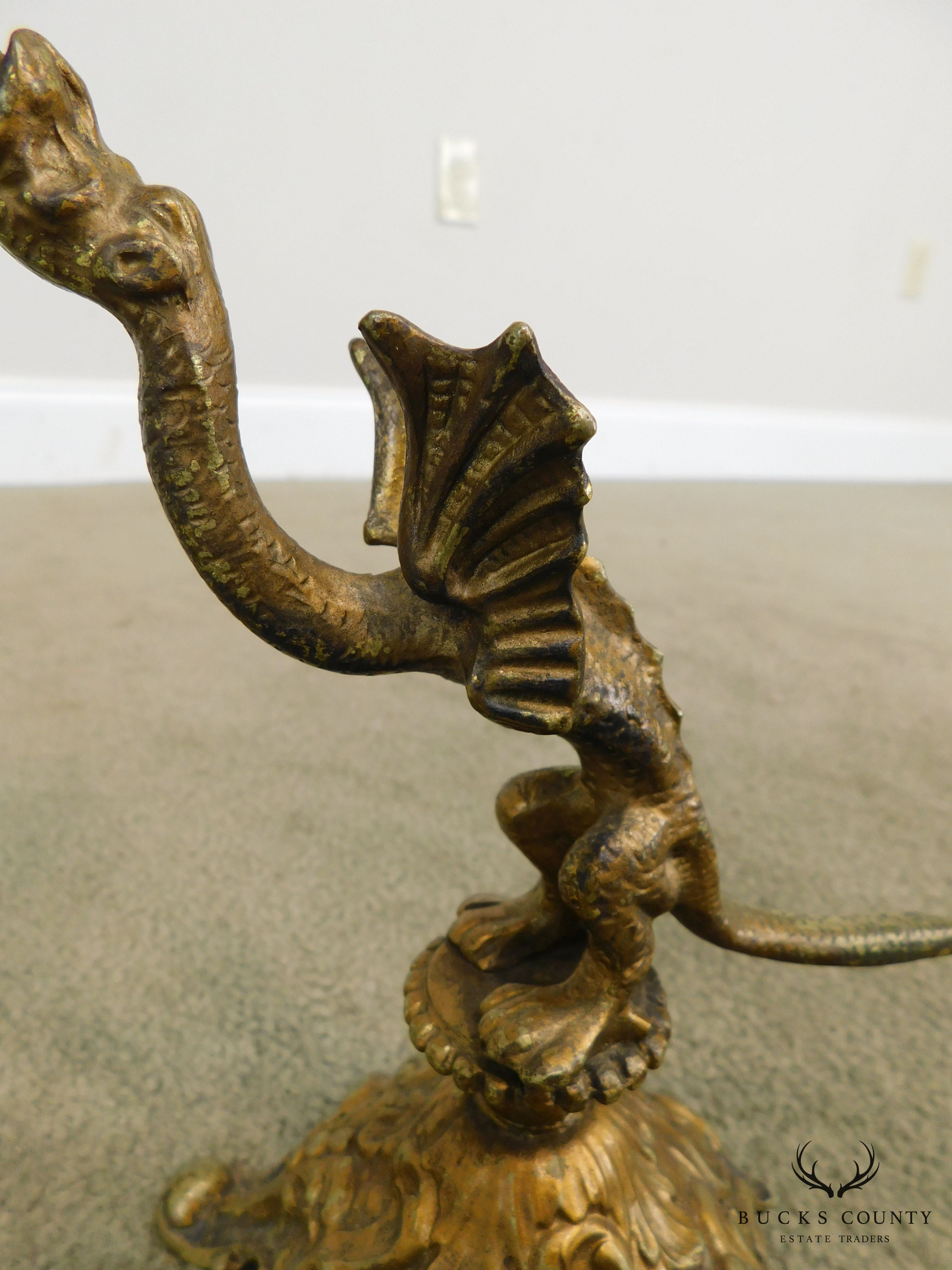 Antique Bronze Dragon Sculpture with Horn Vases