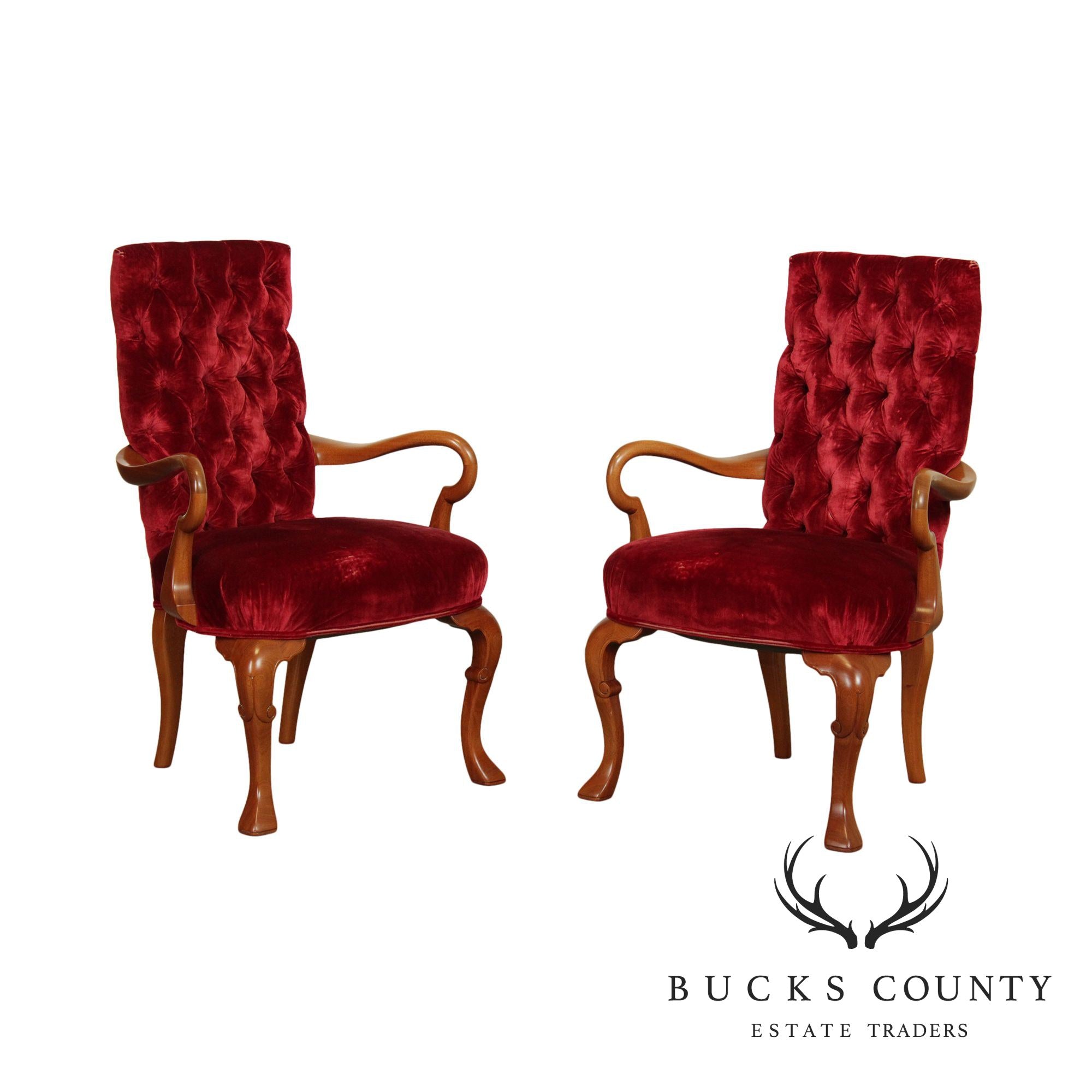 Vintage Pair Custom Quality Walnut Queen Anne Armchairs