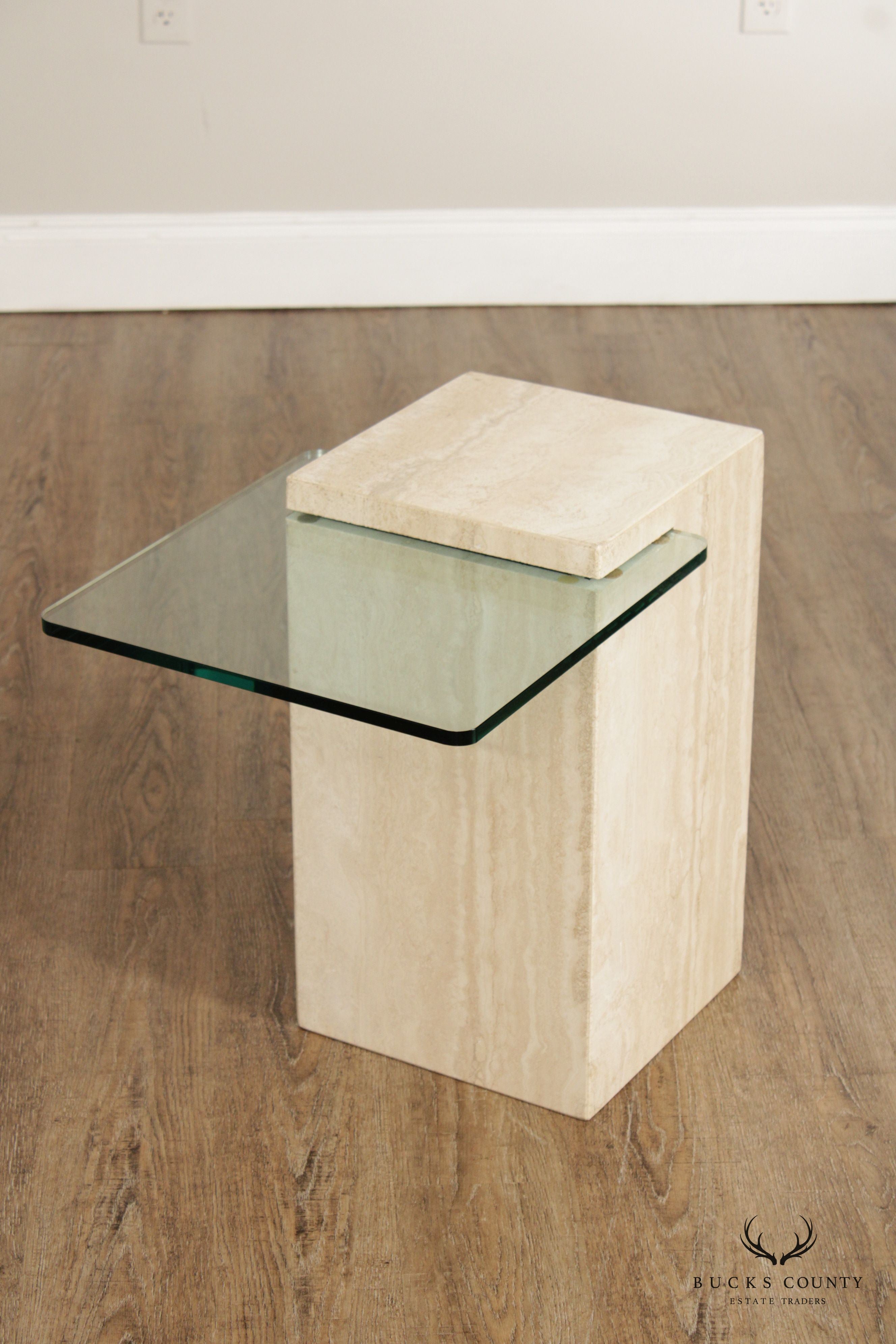 Post Modern Cantilevered Glass and Travertine Side Table