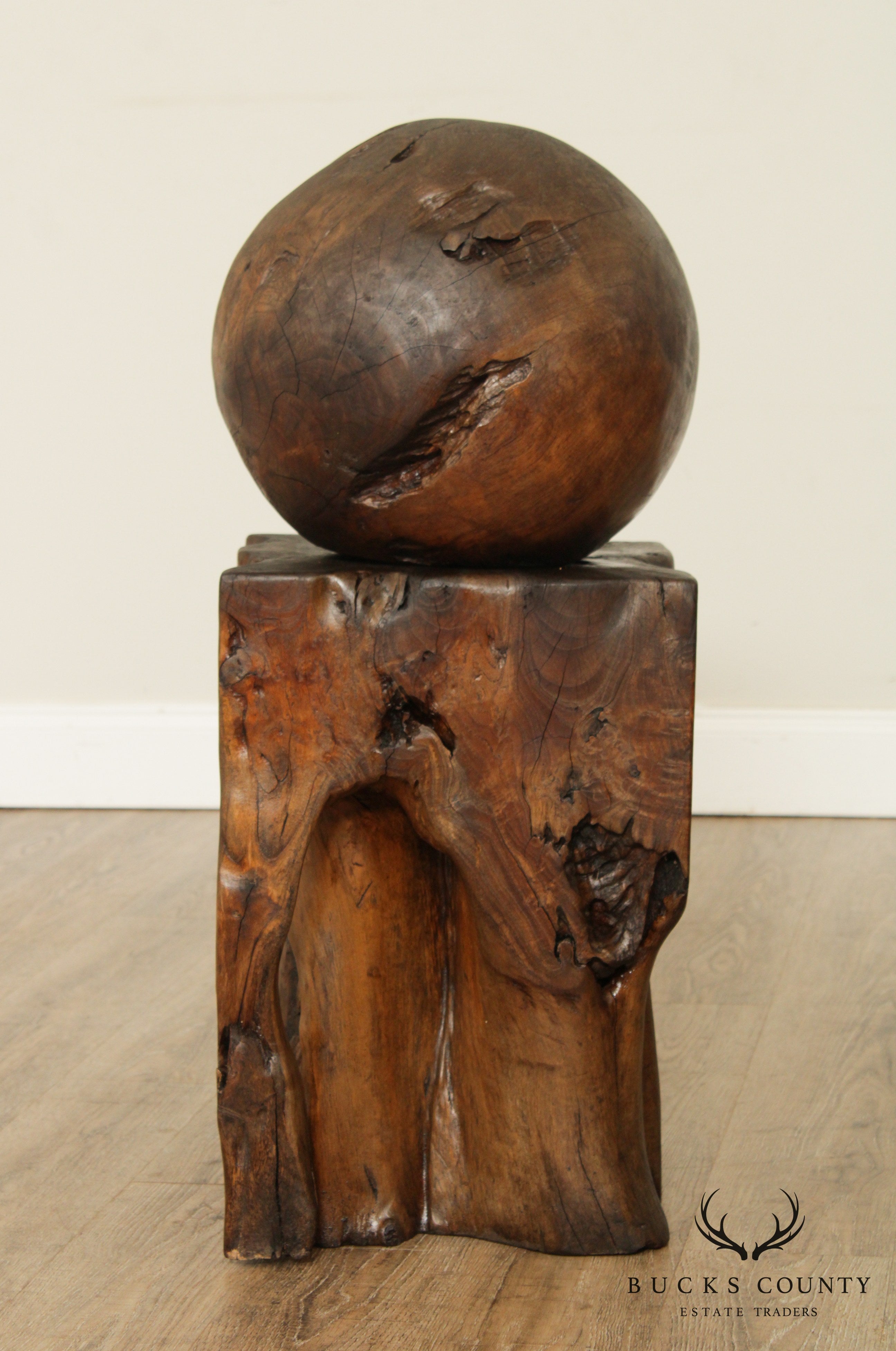 Mid Century Vintage Teak Wood Ball Sculpture on Root Pedestal