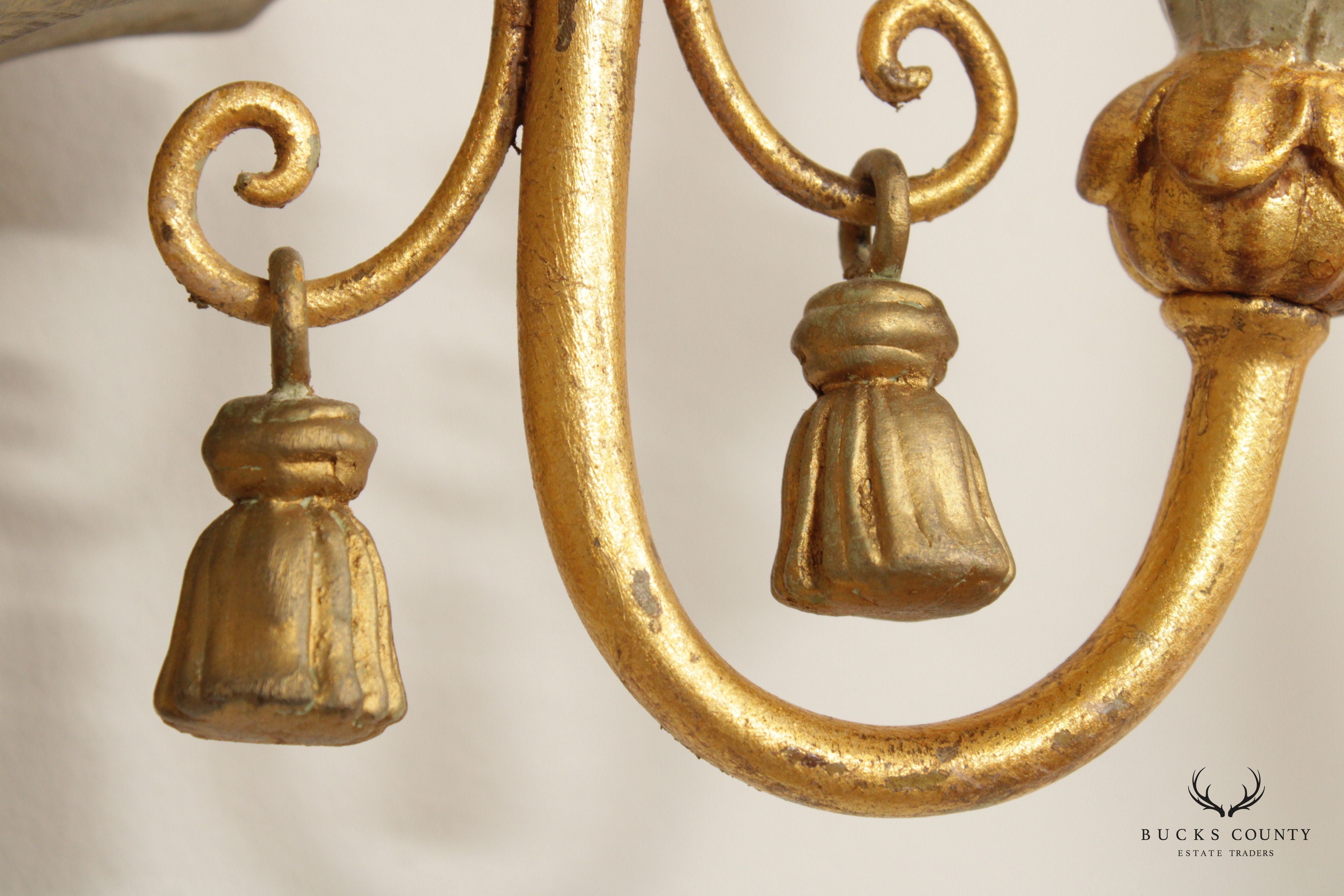 Italian Hollywood Regency Pair Parcel Gilt 2-Light Wall Sconces