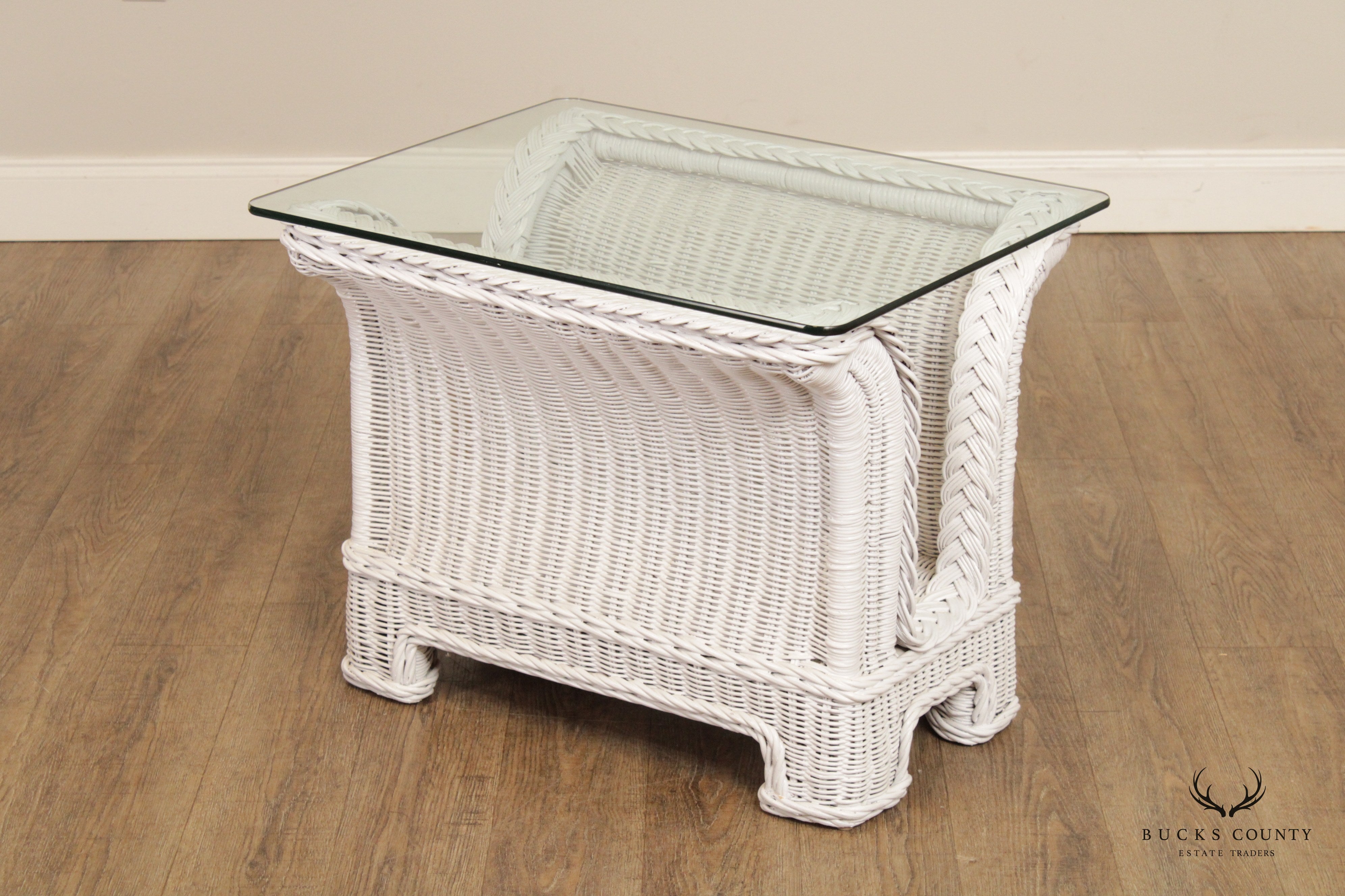 Henry Link Vintage White Wicker Glass Top Side Table