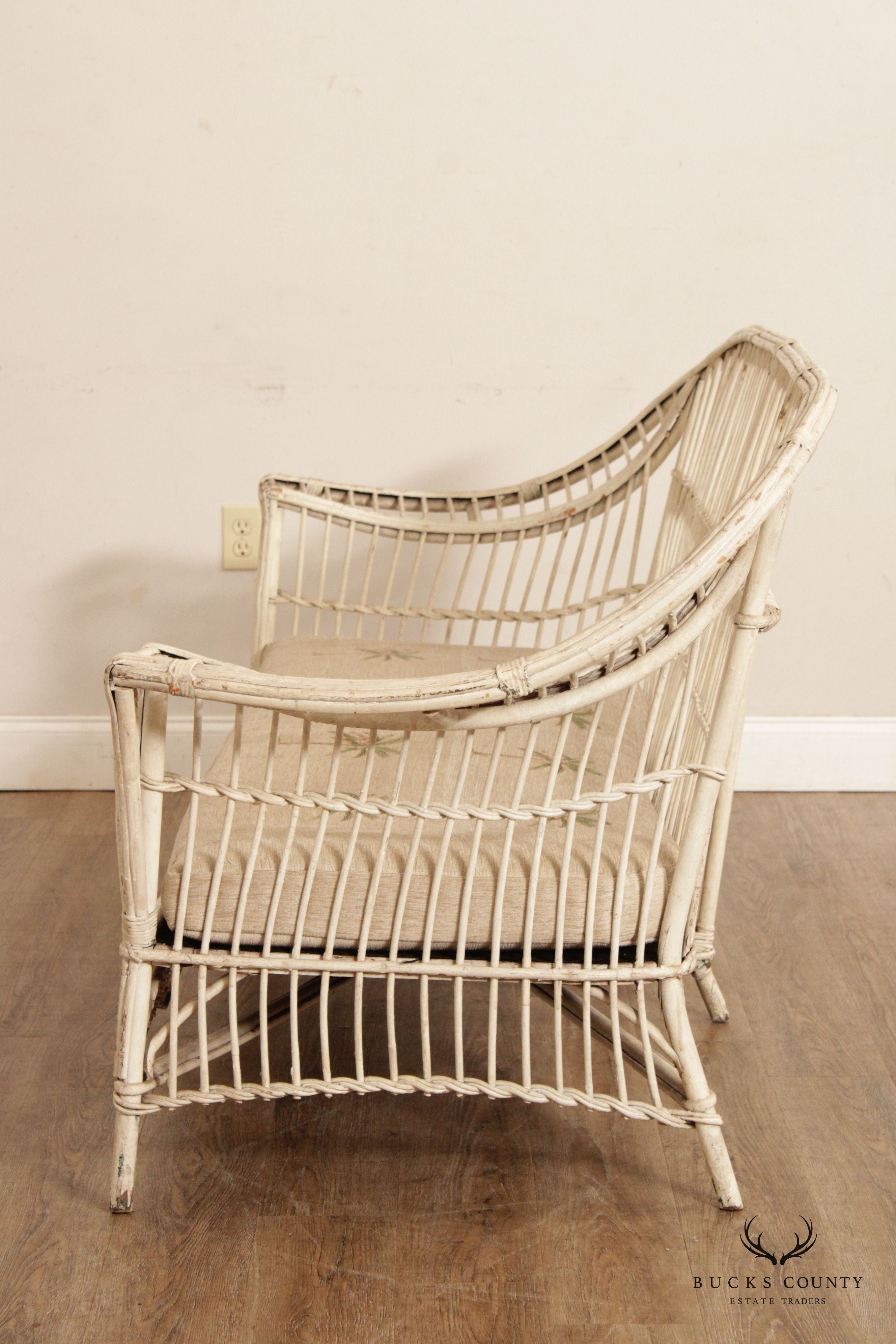 Vintage Coastal White Painted Split Reed Wicker Rattan Sofa