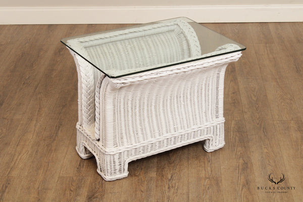 Henry Link Vintage White Wicker Glass Top Side Table