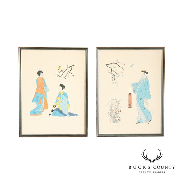 Japanese Traditional Pair of Framed Prints, Signed
