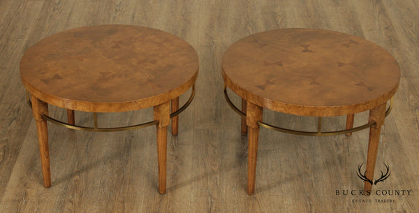 Mid Century Modern Pair Round Burl Wood and Brass Bow Tie Inlaid Side Tables