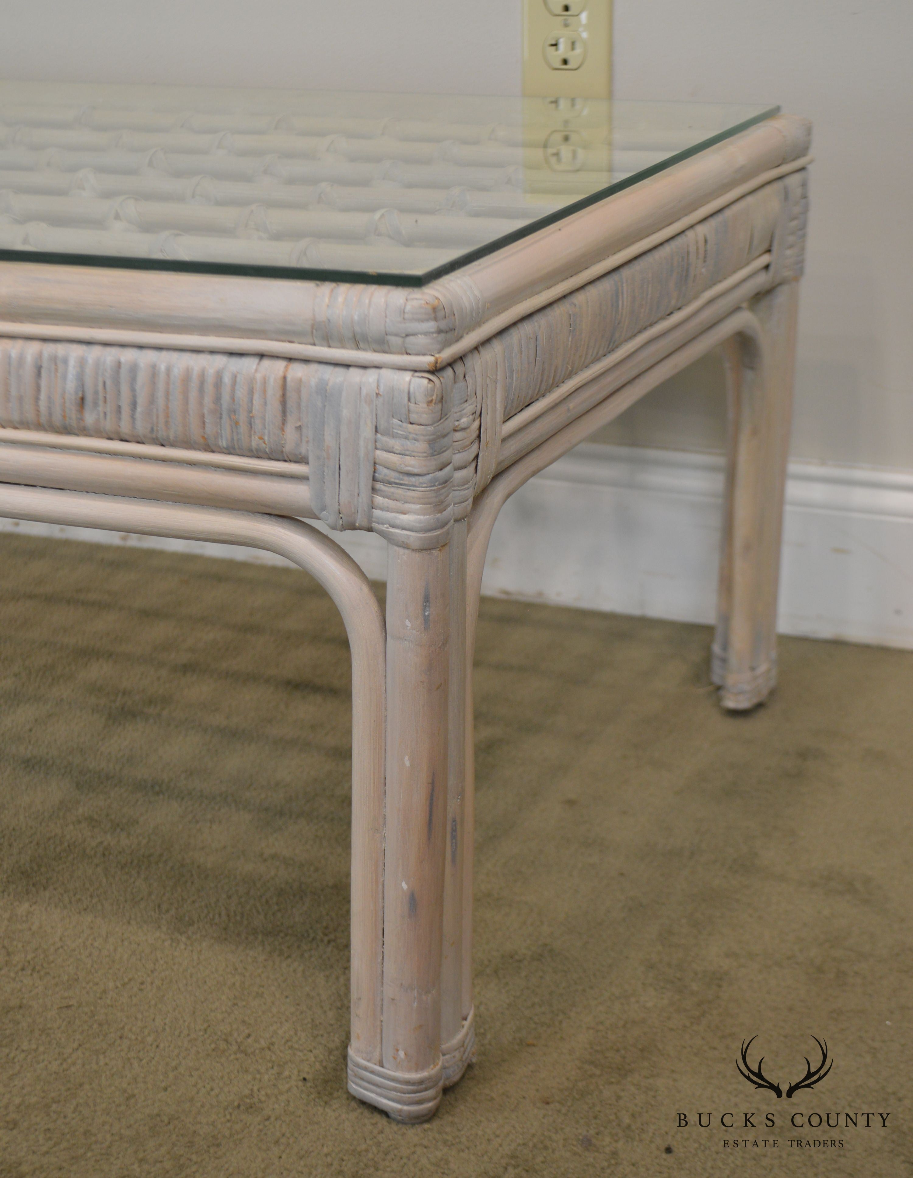 Vintage White Wash Rattan Glass Top Coffee Table