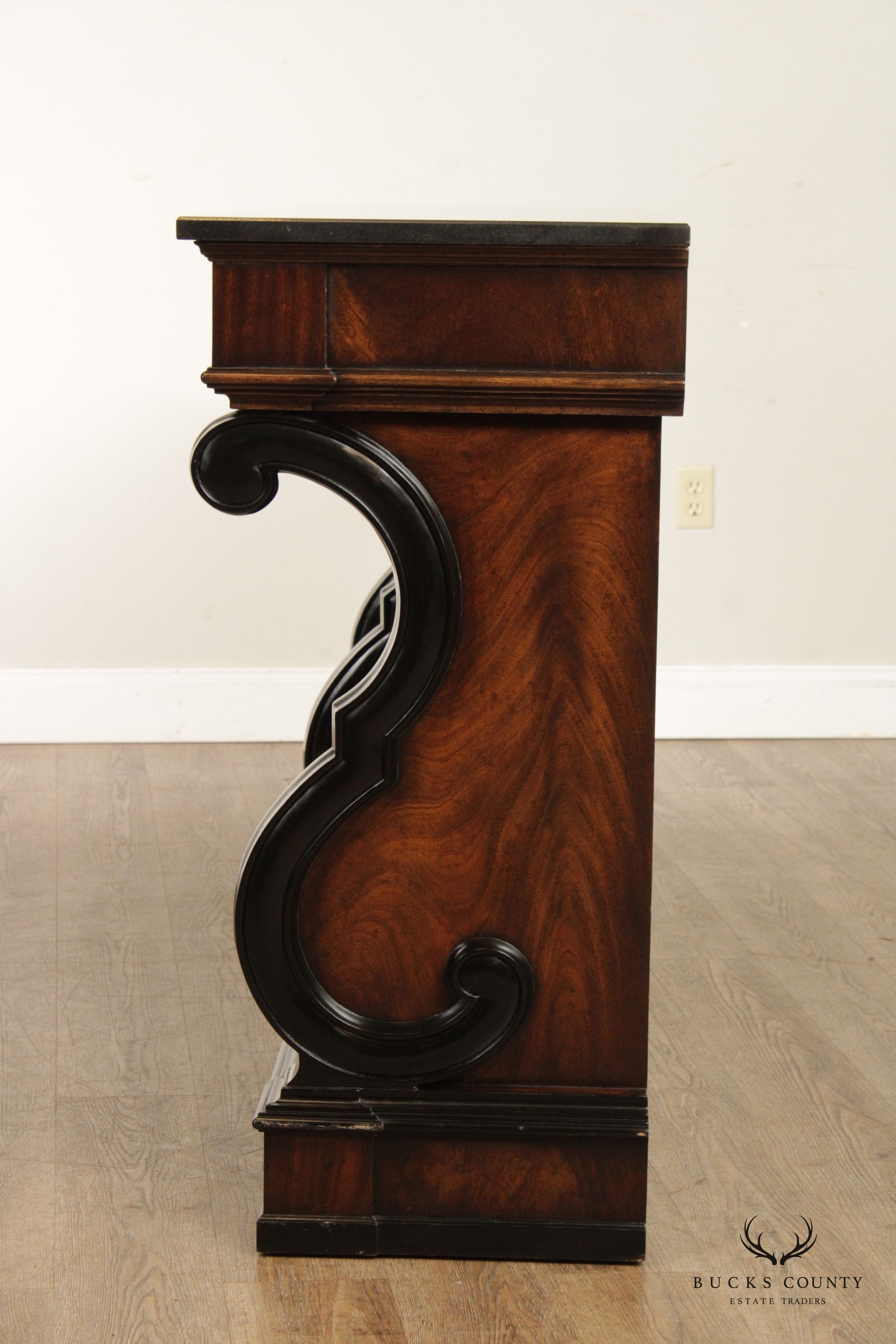 Mahogany Regency Style Granite Top Sideboard with Scroll Brackets