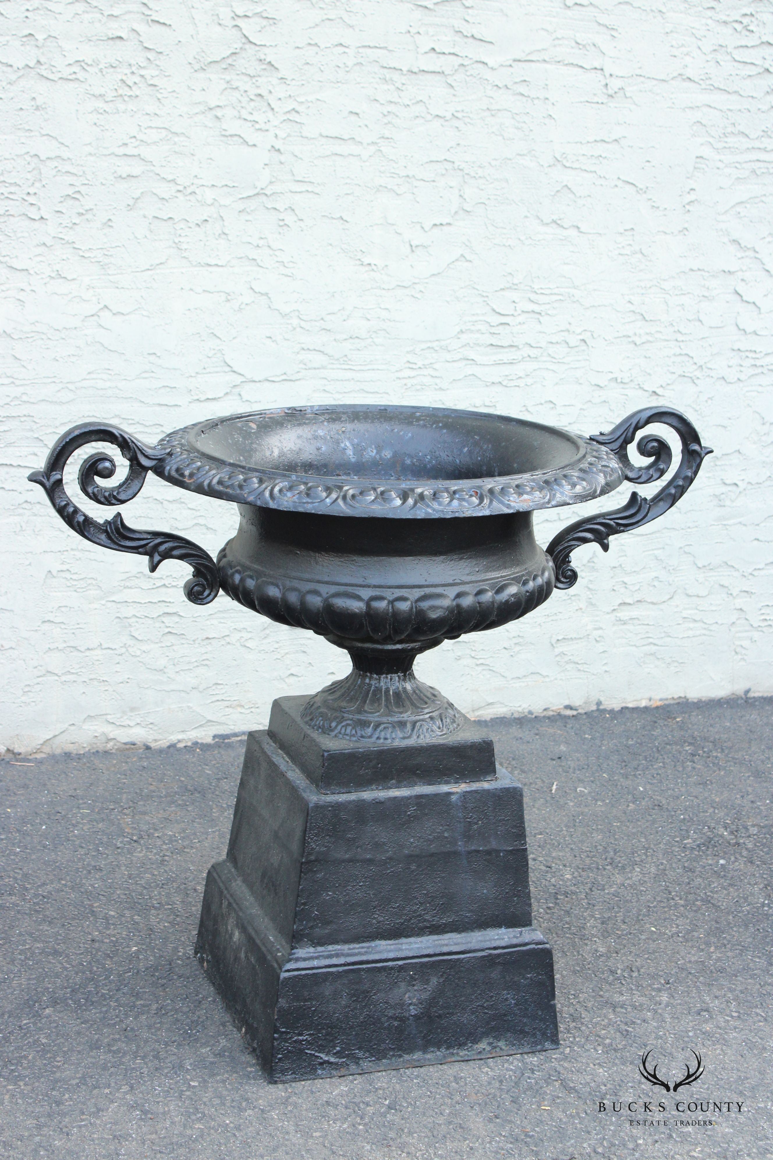 Neoclassical Style Pair of Cast Iron Outdoor Garden Urns