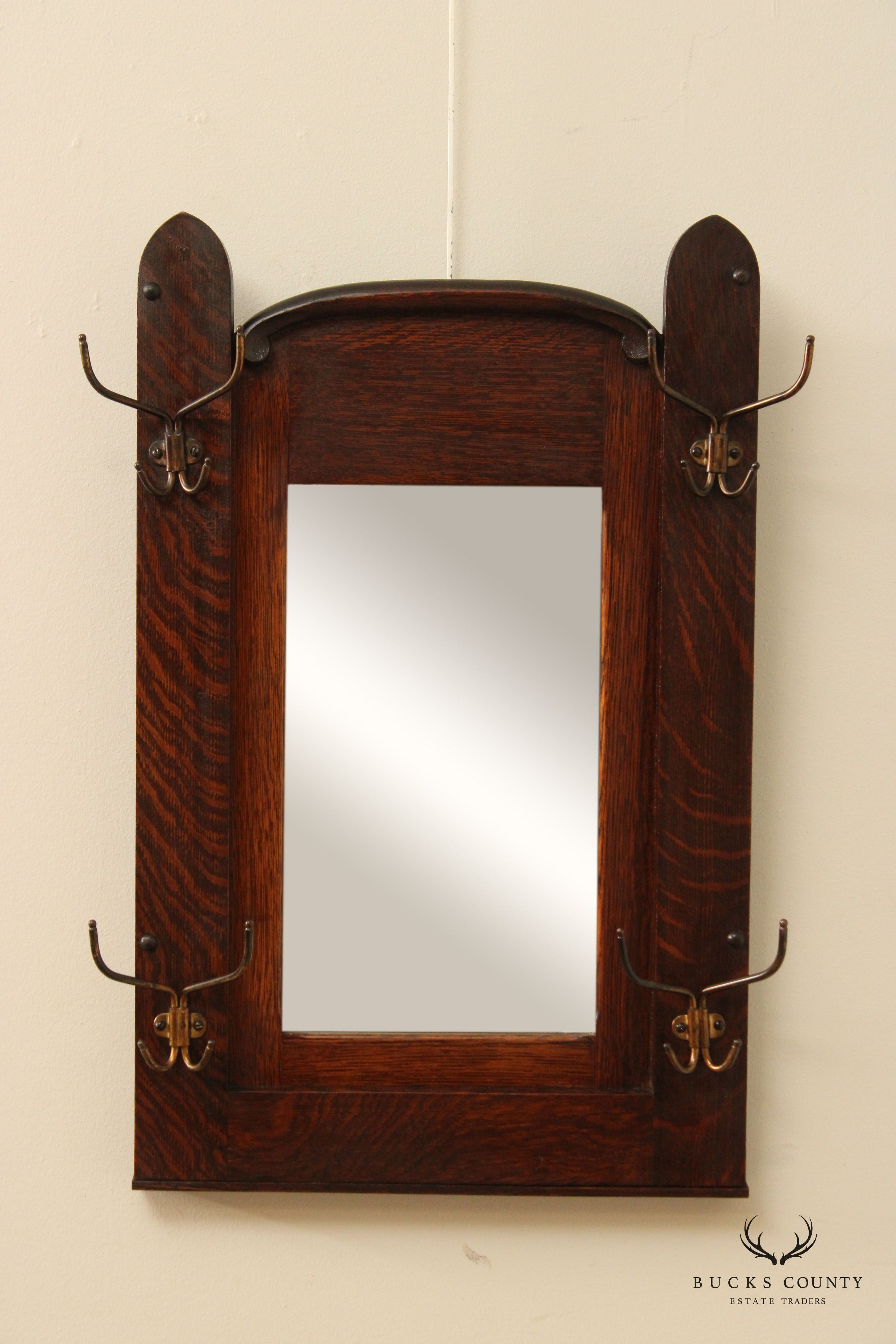 Larkin Antique Arts And Crafts Oak Hall Tree Wall Mirror