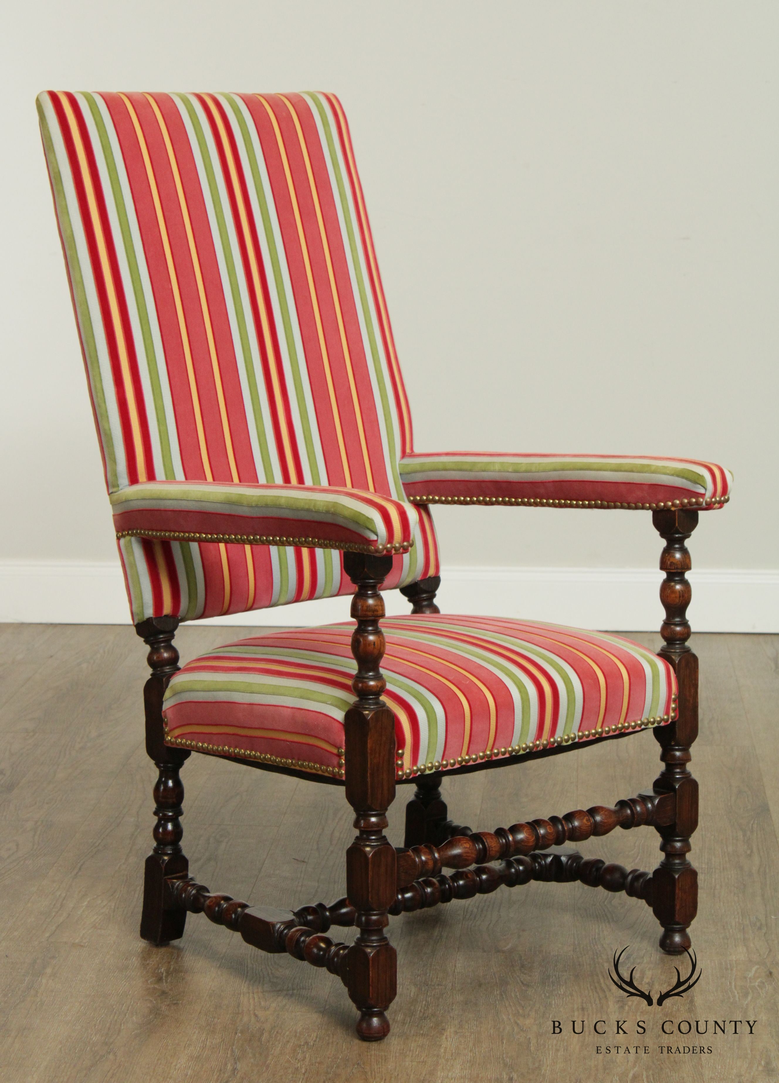 Jacobean Style Custom Quality Upholstered High Back Armchairs