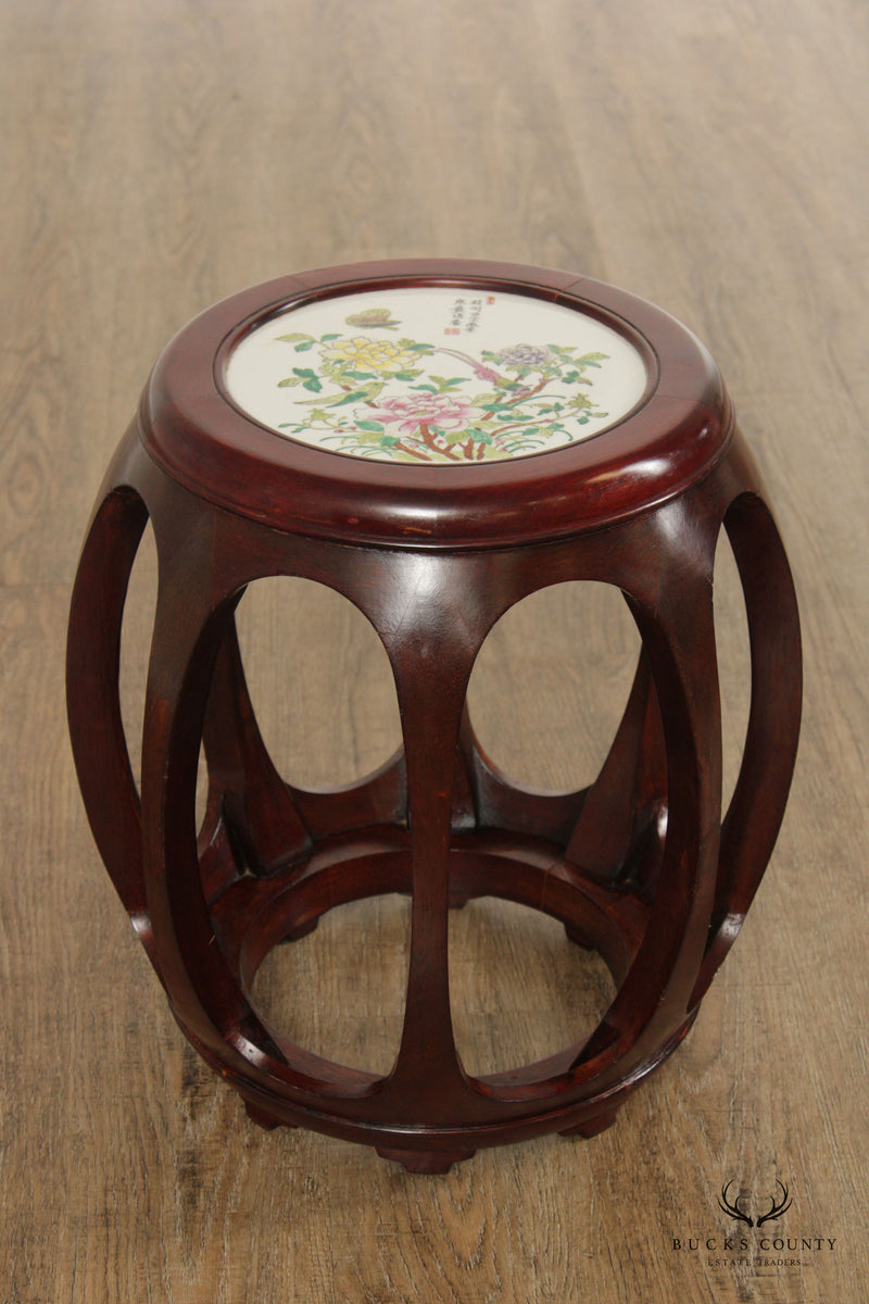 Chinese Pair Carved Rosewood Porcelain Low Taboret Stools