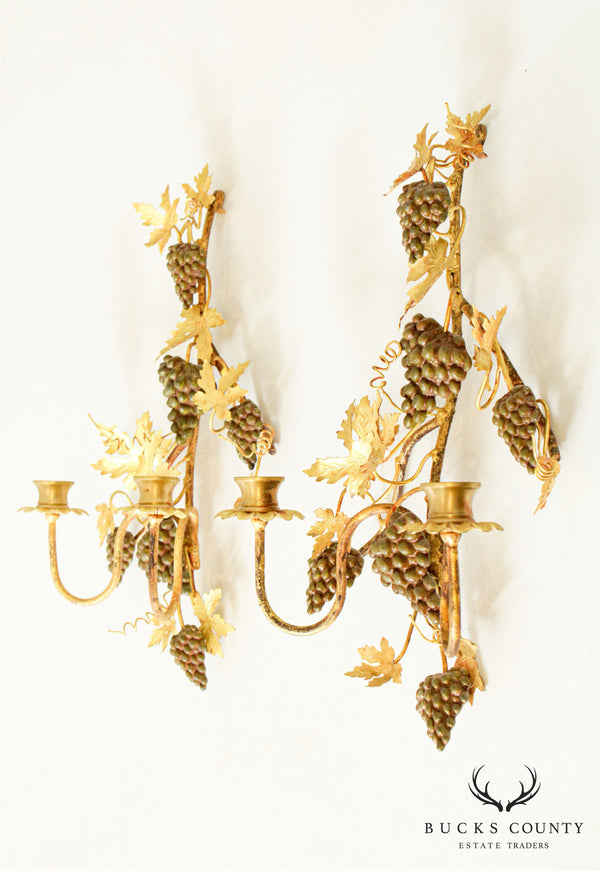 Petites Choses Pair Gilt Brass Grape Leaf Wall Scones Candle Holders